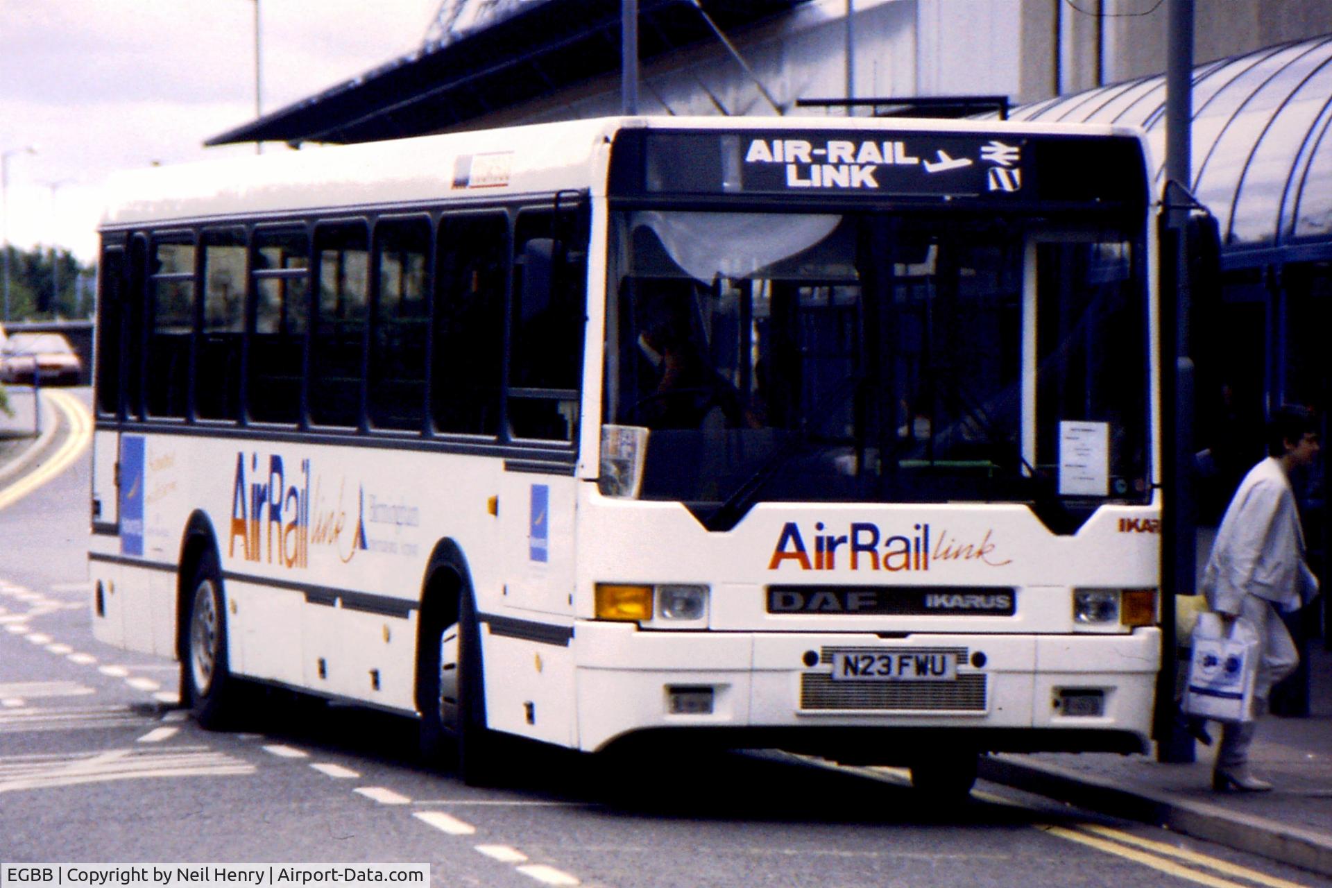 Birmingham International Airport, Birmingham, England United Kingdom (EGBB) - Scanned from original slide taken in 1996.   Shuttle bus was operating as the 'MagLev' transit to the Birmingham International Rail Station was under repair