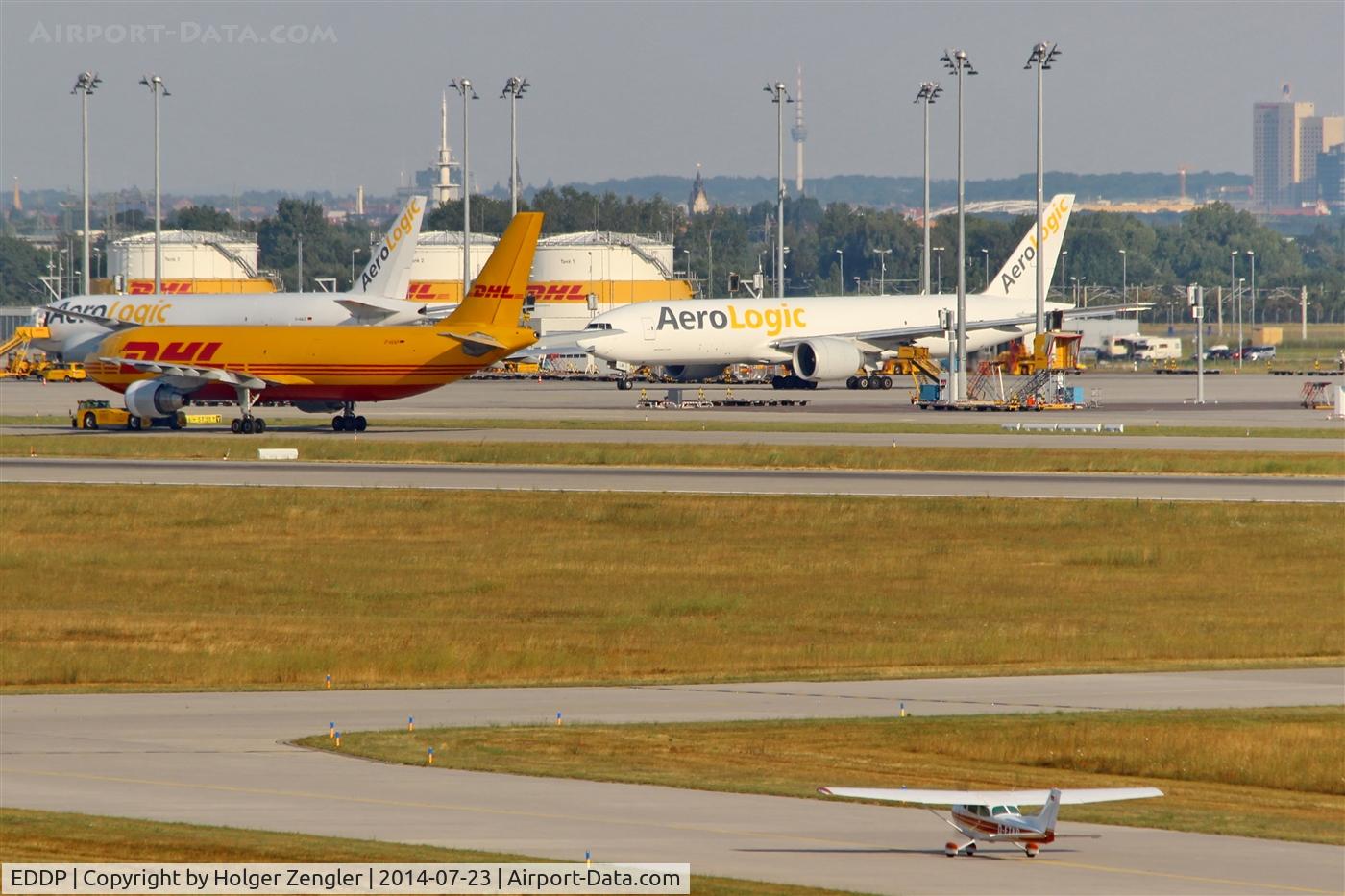 Leipzig/Halle Airport, Leipzig/Halle Germany (EDDP) - View to aprons 4 and 5 and to the City of Leipzig..