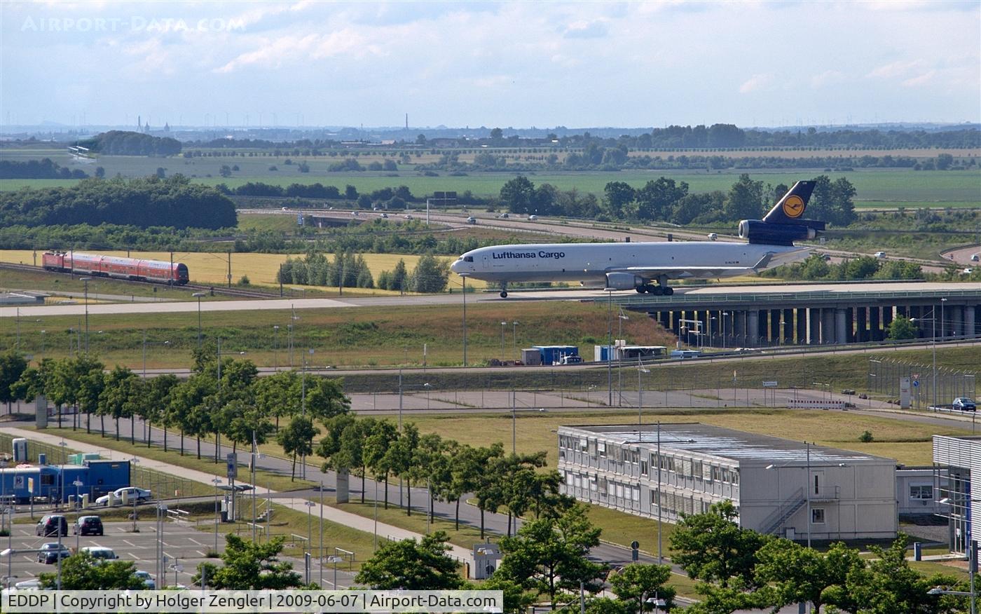 Leipzig/Halle Airport, Leipzig/Halle Germany (EDDP) - Western view from visitor´s terrace to inbound traffic on Autobahn rolling bridge....