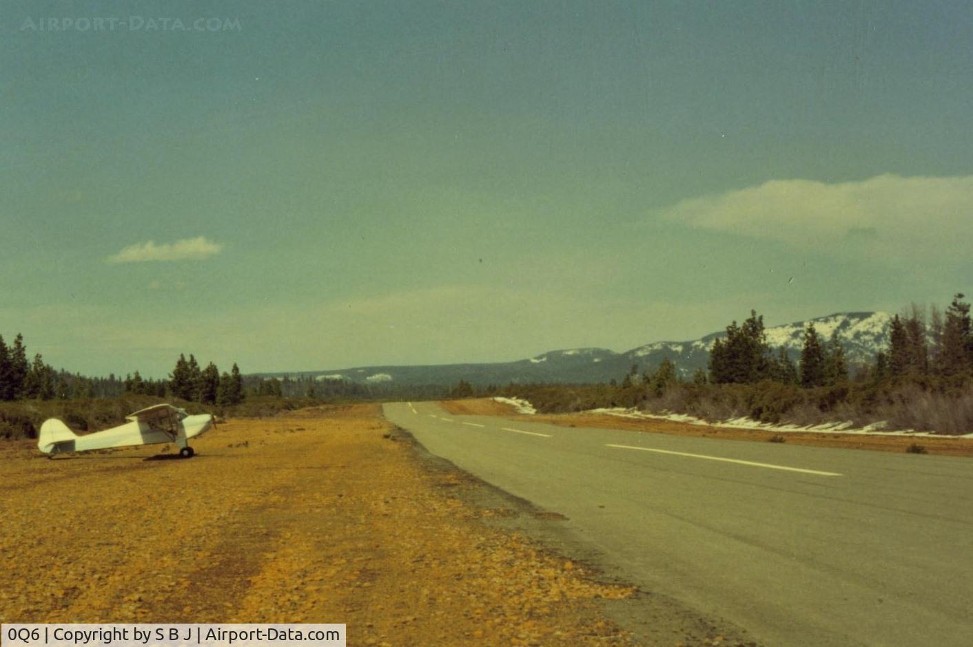 0Q6 Airport -  Shingletown near its end .Lovely airport east of Redding,Ca.Little used but nice.Rise at the N end helped if not off by then as I saw with a Cherokee .It was very close! Disappeared in dust, so much that I started running to it, but they made it.Somehow?