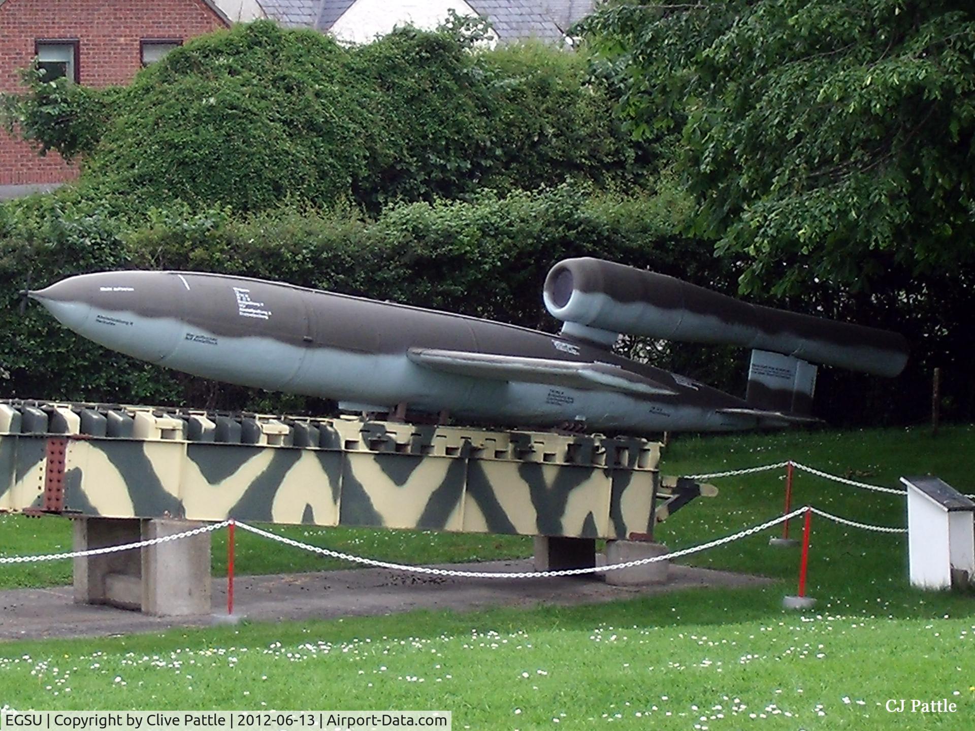 Duxford Airport, Cambridge, England United Kingdom (EGSU) - A replica of a German Fi 103 V1 weapon, commonly known as a 'Doodle Bug' on display on an original launch ramp at the IWM Duxford EGSU