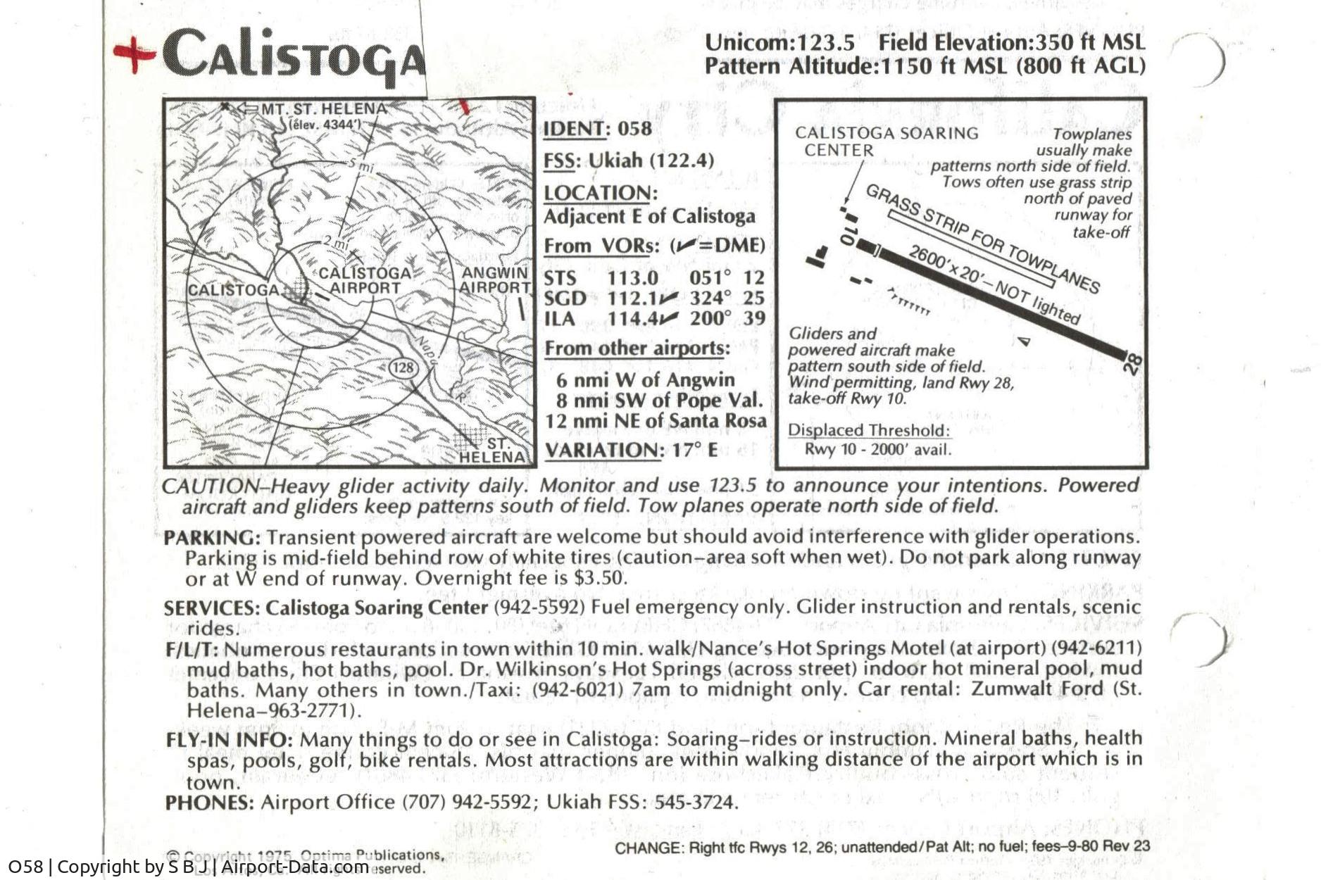 O58 Airport - Calistoga 1980 Pilots Guide.Read F/L/T and Fly in Info to help understand why so many pilots miss Calistoga airport being open.Plus a beautiful place to fly gliders.Have flown into many airports and few had  more to offer then Calistoga.