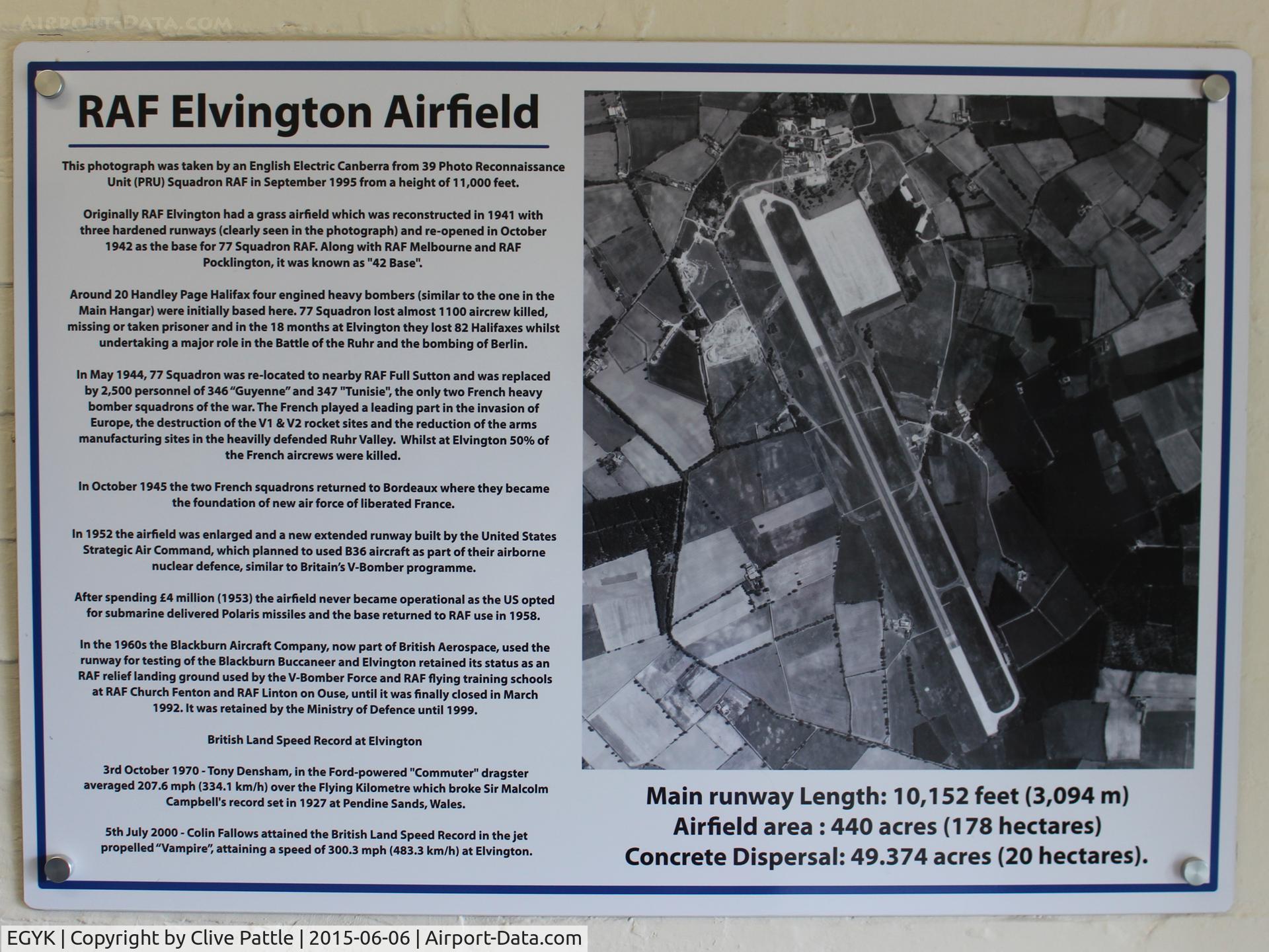 EGYK Airport - A poster display providing a written summary of the history of the RAF Elvington on display at the Yorkshire Aviation Museum. Use the large photo version to view the text.