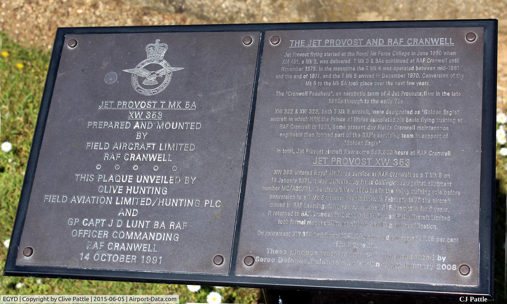 RAF Cranwell Airport, Cranwell, England United Kingdom (EGYD) - Information plaque at RAF Cranwell EGYD regarding the Jet Provost Gate Guard XW353 (see aircraft photo) 