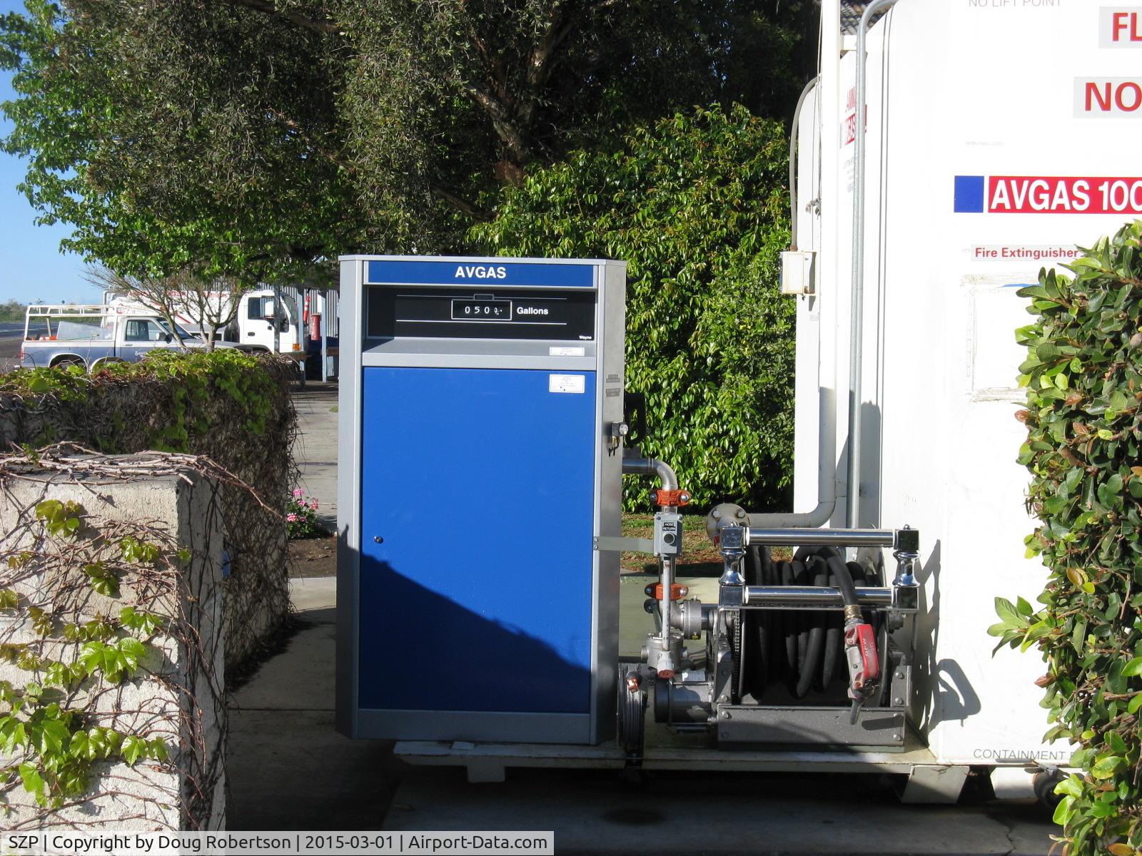 Santa Paula Airport (SZP) - New 100LL Fuel pumps, reels, hoses and static bonding cables, one of two stations shown