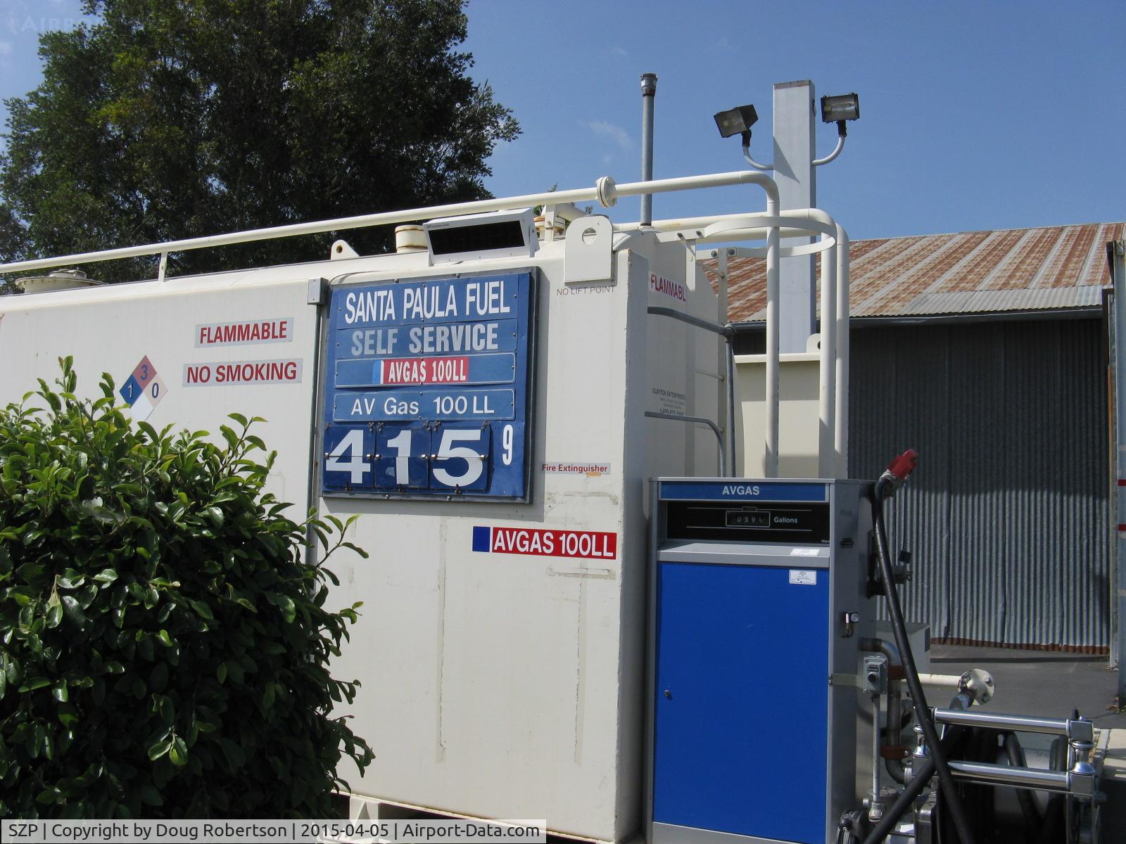 Santa Paula Airport (SZP) - SZP 100LL SHELL Fuel Dock, runway center; note new fuel price.