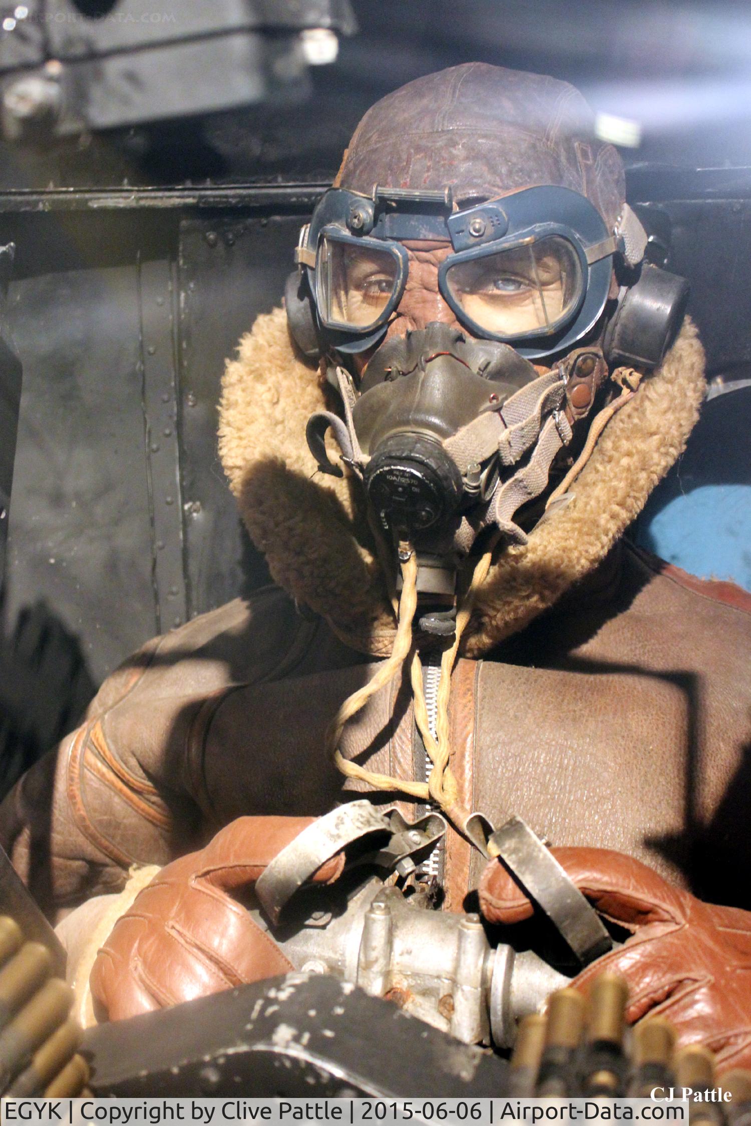 EGYK Airport - Effective shot of a dressed mannequin in the Avro Lancaster rear turret display at the Yorkshire Air Museum EGYK
