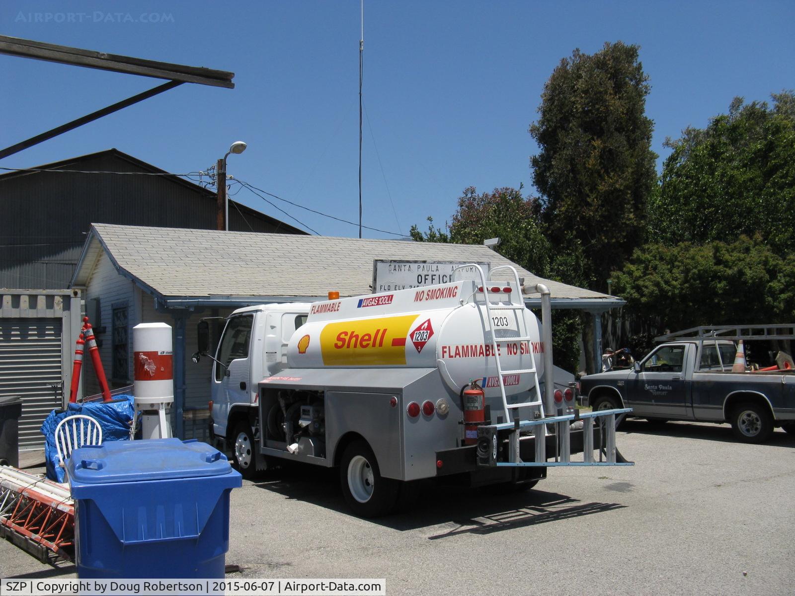 Santa Paula Airport (SZP) - Shell Aviation Fuel Truck-100LL. Call for refueling-phone number at SZP Helipad. Do NOT refuel helicopters at main Fuel Dock.