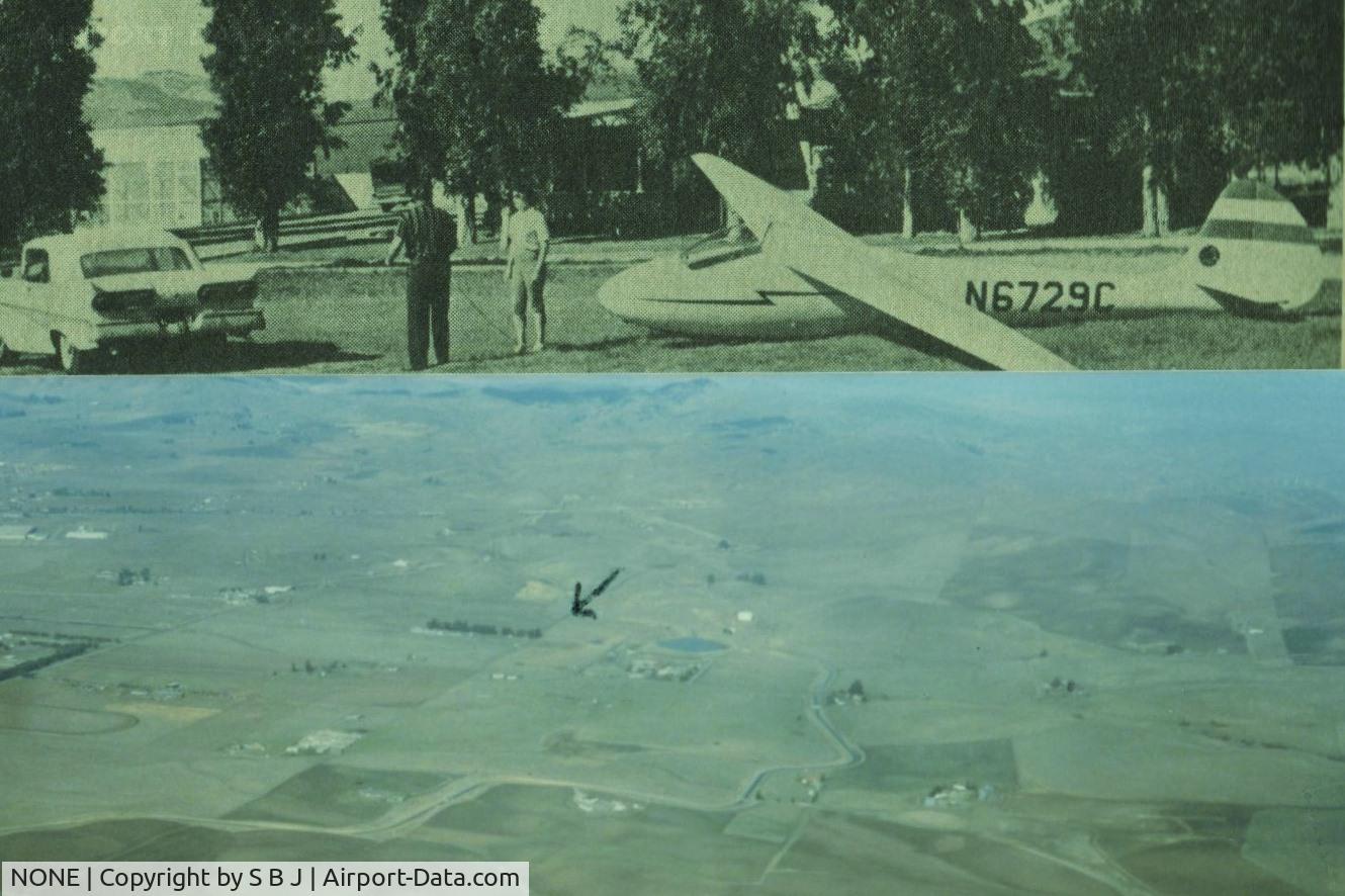 NONE Airport - Hummingbird Haven gliderport (1955-89) was at the east end of the Livermore Valley in Calif.Was a small but somewhat active gliderport.Top pic was from 1964 and N6729C was only recently deregistered. 58 Ford towcar/plane? View is NW.