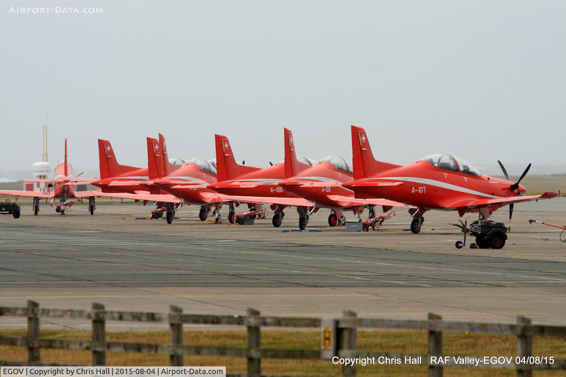 Anglesey Airport (Maes Awyr Môn) or RAF Valley, Anglesey United Kingdom (EGOV) - Swiss Air Force Pilatus PC-21's during a week long exercise at RAF Valley