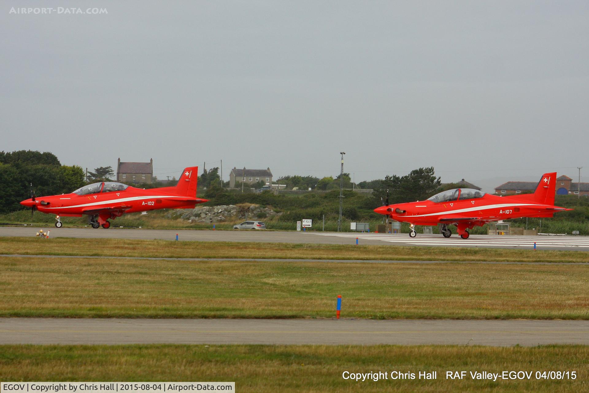 Anglesey Airport (Maes Awyr Môn) or RAF Valley, Anglesey United Kingdom (EGOV) - Swiss Air Force Pilatus PC-21's during a week long exercise at RAF Valley