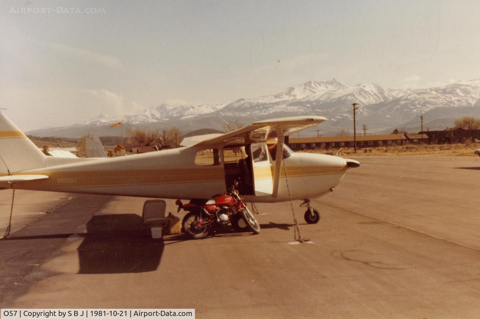 Bryant Field Airport (O57) - 59X at Bridgeport,Ca offloading its own ground transportation.The little Honda allowed me to visit Bodie State Historic Park (a must see) 12 miles away, but at over 8K feet.Notice windsock which was a direct crosswind this day.
