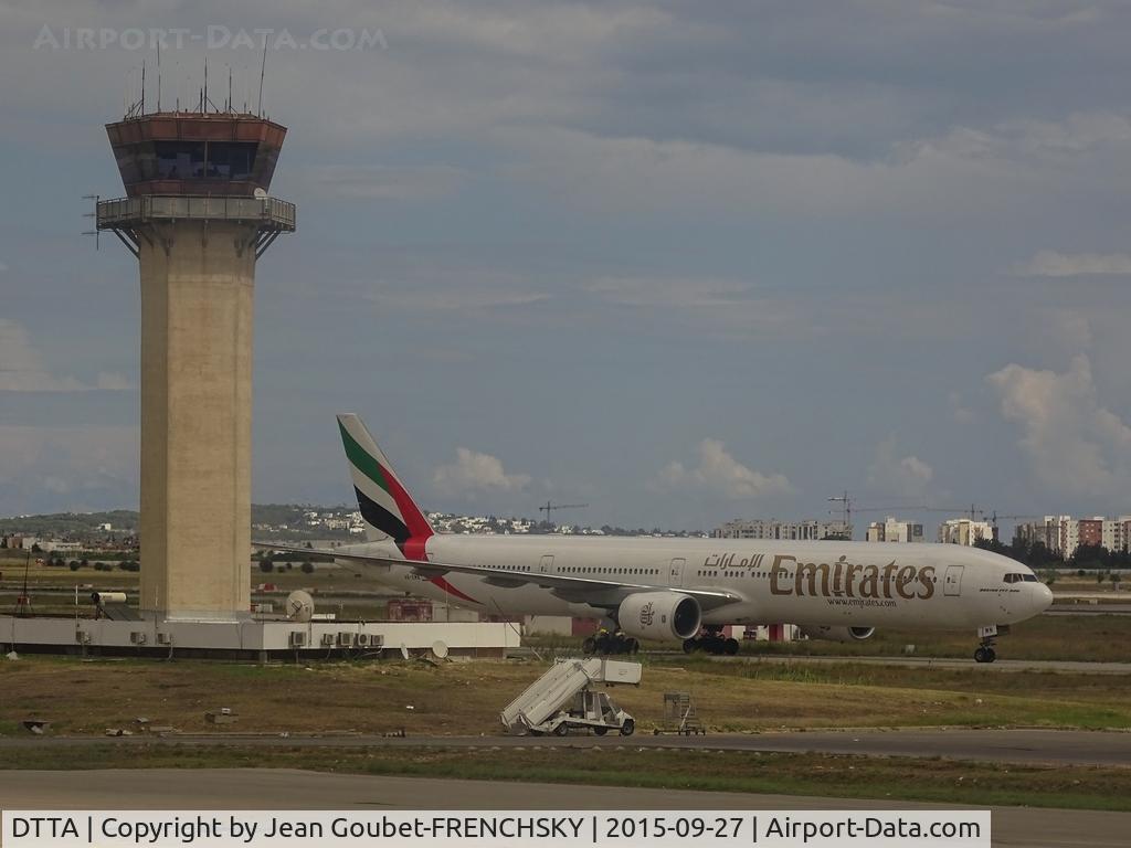 Tunis-Carthage International Airport, Tunis Tunisia (DTTA) - Tower and 777-300 Emirates from Dubai.