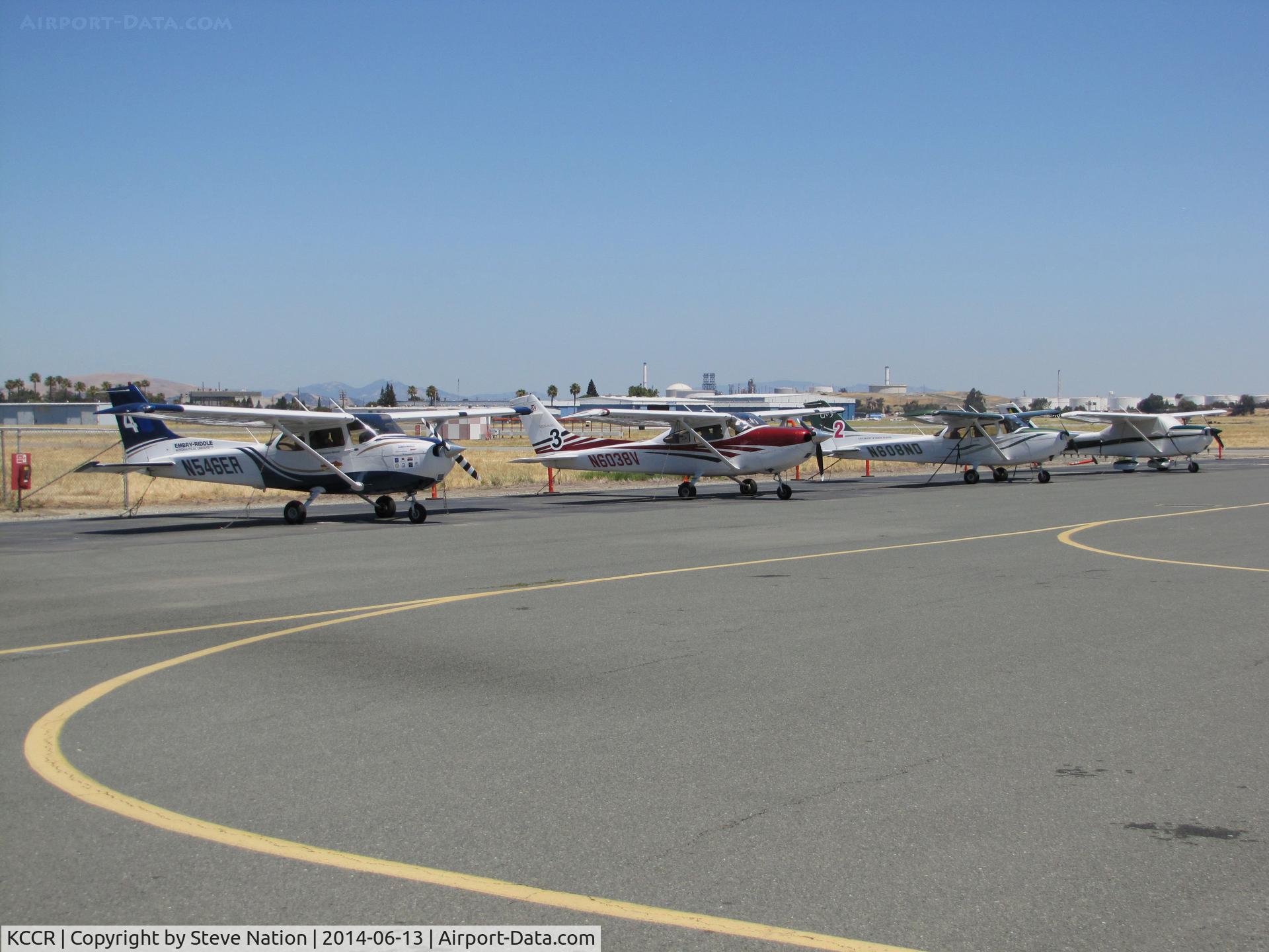 Buchanan Field Airport (CCR) - Another shot of the 2014 Air Race Classic flightline showing Embry-Riddle Prescott Cessna 172S N546ER #4, Cessna 182T N6038V #3, U of ND Cessna 172S N608ND #2 & Cessna 172M C-GWTJ #1