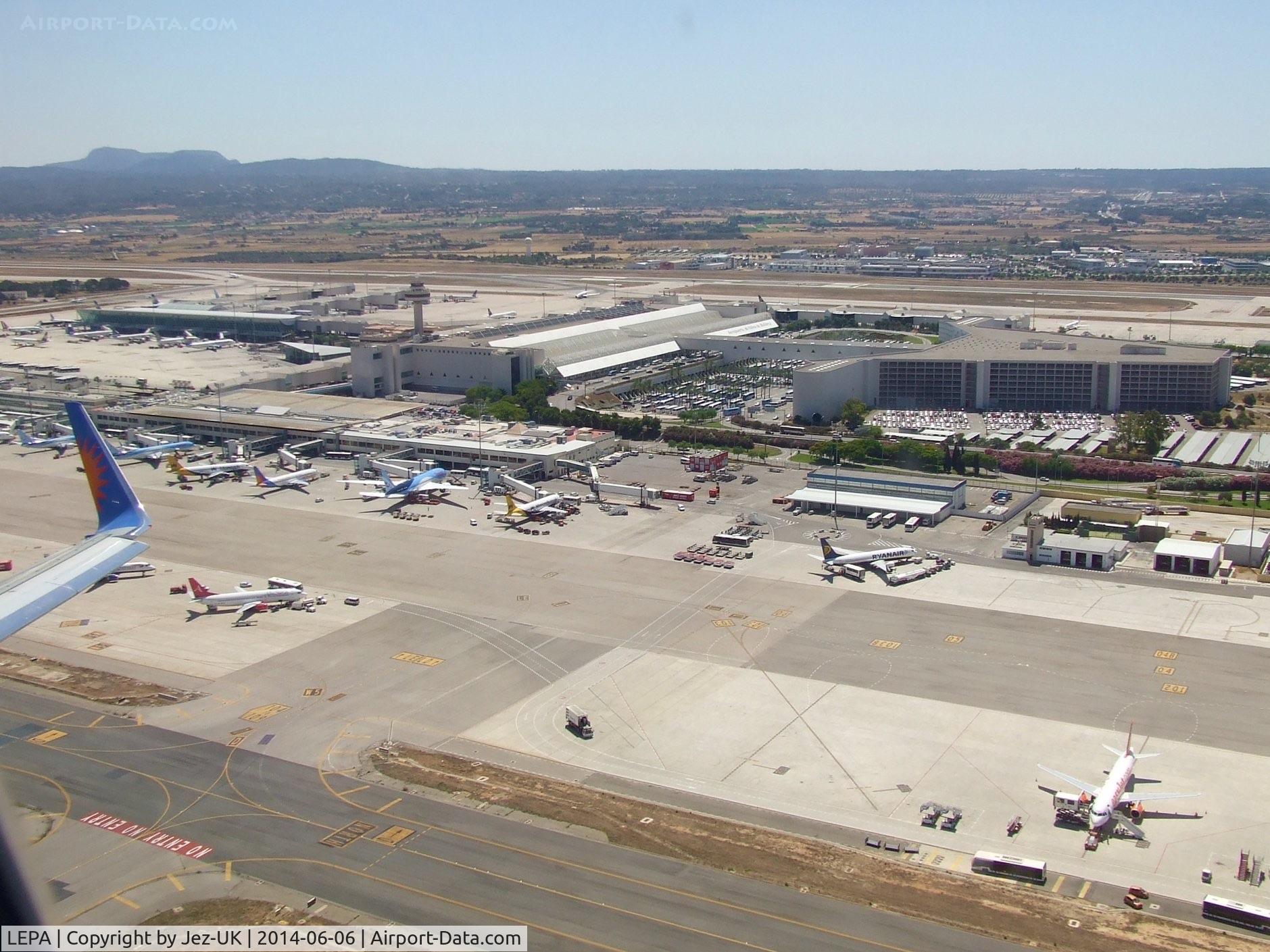 Palma de Mallorca Airport (or Son Sant Joan Airport), Palma de Mallorca Spain (LEPA) - one of aprons at Palma taken from Jet2 B757, G-LSAE on takeoff on way back to Manchester UK (EGCC)