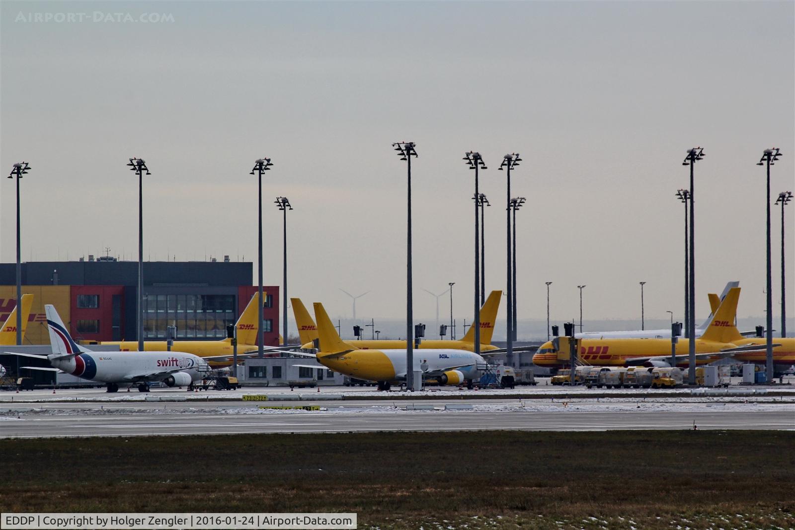 Leipzig/Halle Airport, Leipzig/Halle Germany (EDDP) - View on apron 4 on a lousy wet and cloudy day....