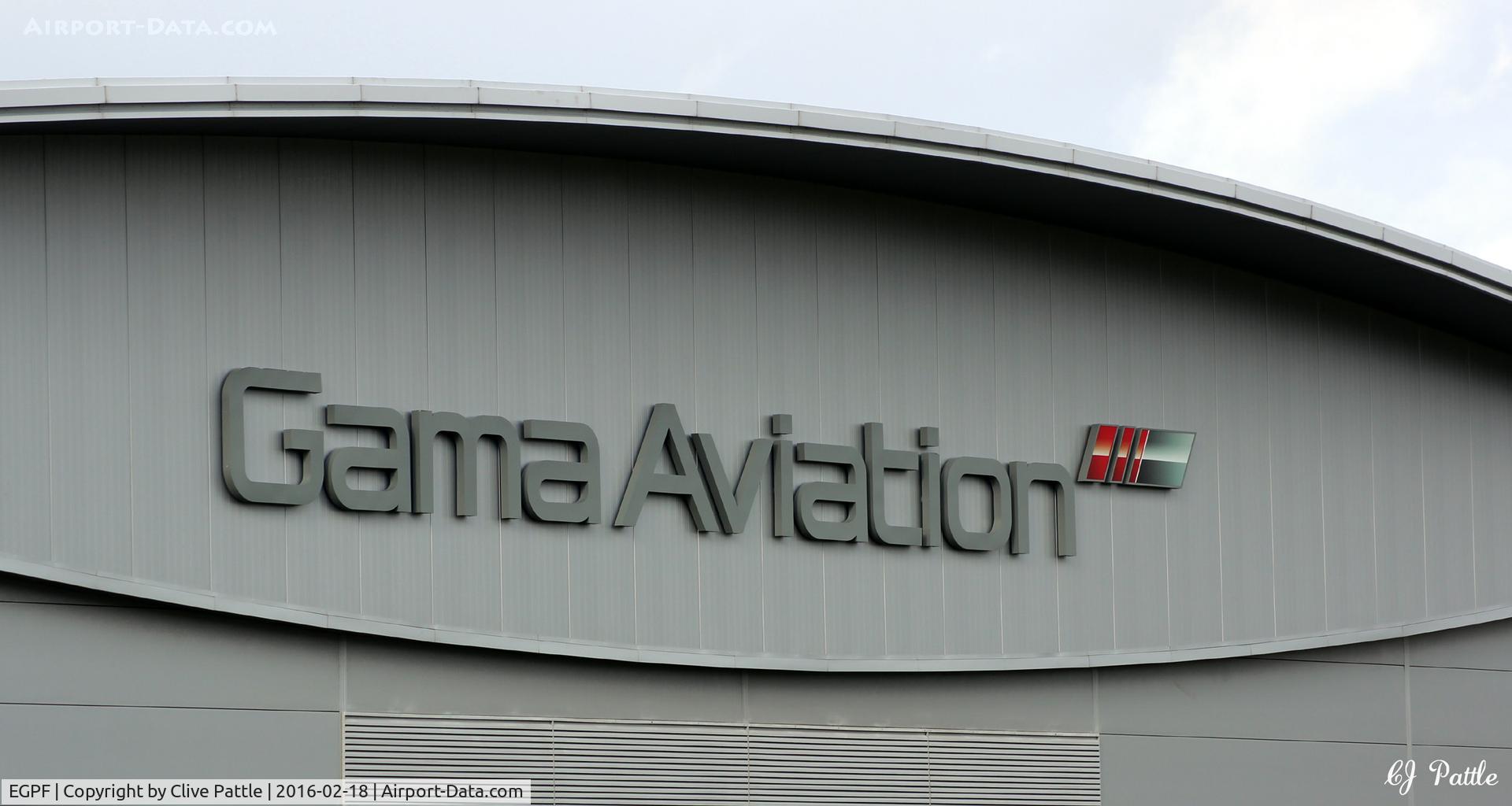 Glasgow International Airport, Glasgow, Scotland United Kingdom (EGPF) - Signage at the Gama Aviation hangar Glasgow International EGPF