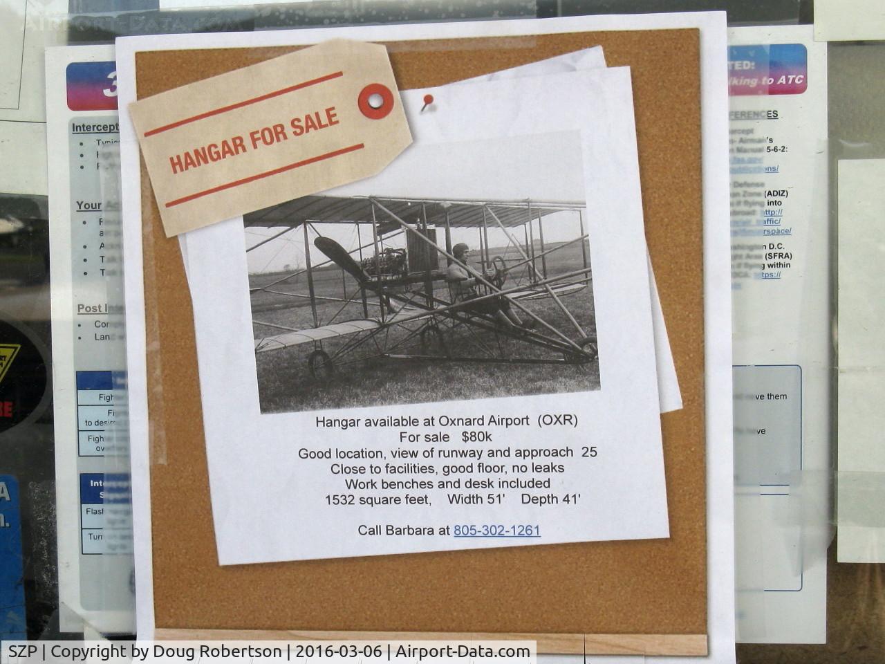 Santa Paula Airport (SZP) - Listing of large hangar with equipment FOR SALE at nearby Oxnard Airport KOXR, with convenient runway access. Illustrated aircraft??-Inquire of seller.