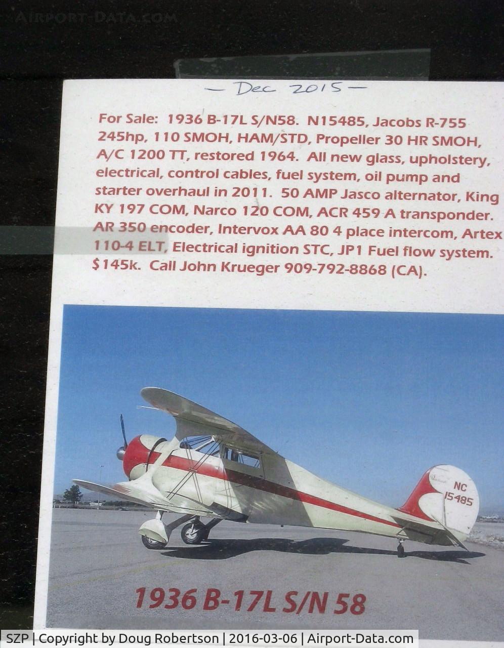 Santa Paula Airport (SZP) - Listing of 1936 Beech B17L STAGGERWING  FOR SALE. Call listed  owner.