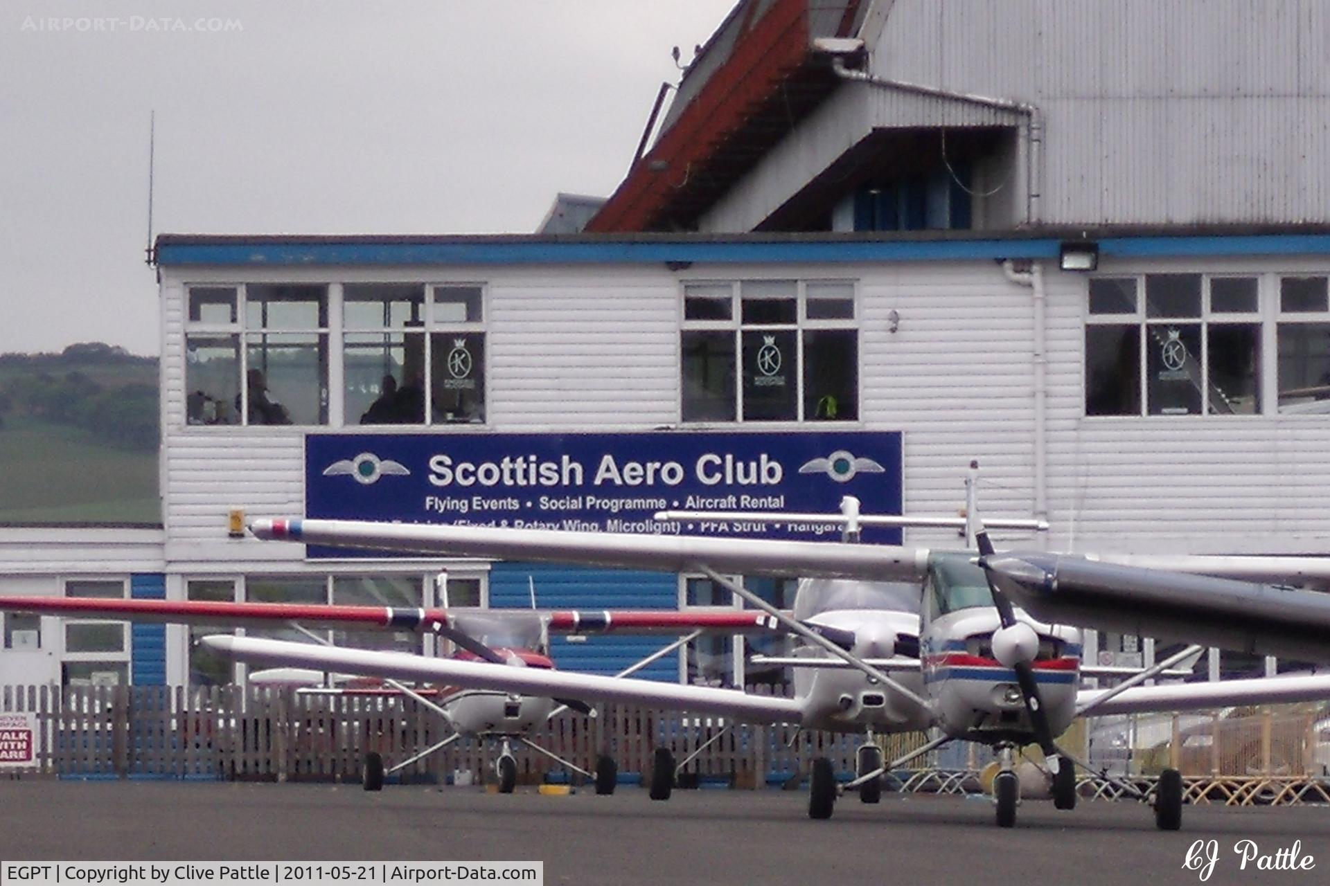 Perth Airport (Scotland), Perth, Scotland United Kingdom (EGPT) - The apron and Scottish Aero Club buildings at Perth EGPT in May 2011