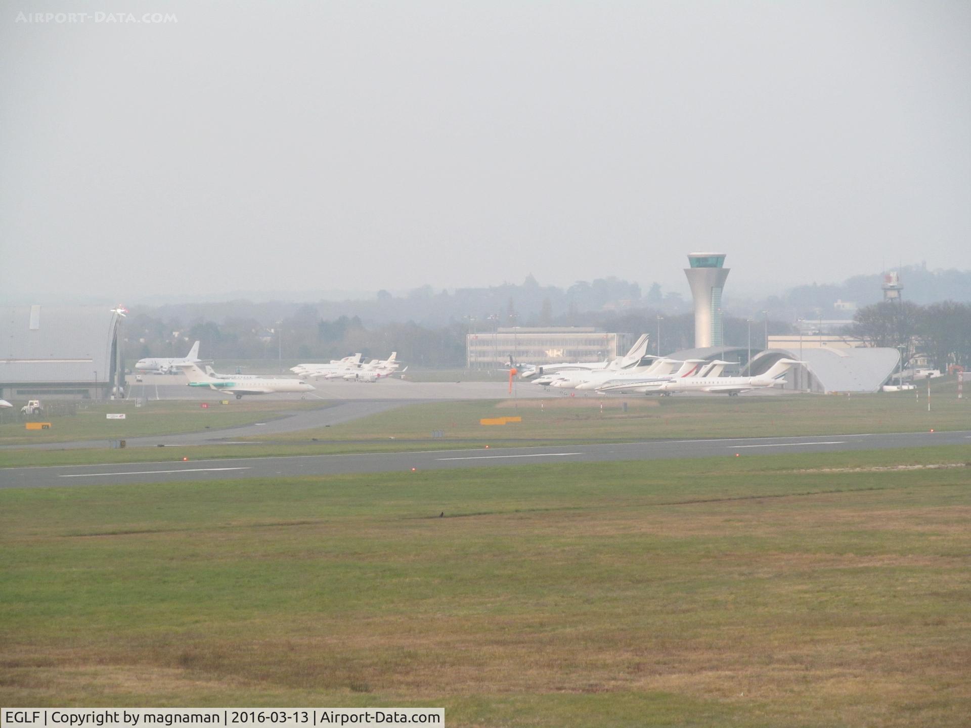 Farnborough Airfield Airport, Farnborough, England United Kingdom (EGLF) - in the mist