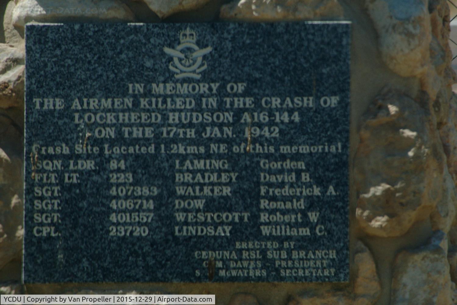 Ceduna Airport, Ceduna, South Australia Australia (YCDU) - Memorial for the crew of a Lockheed Hudson Mk.IV that crashed shortly after take-off from Ceduna Airport in 1942. Located near the airport entrance.