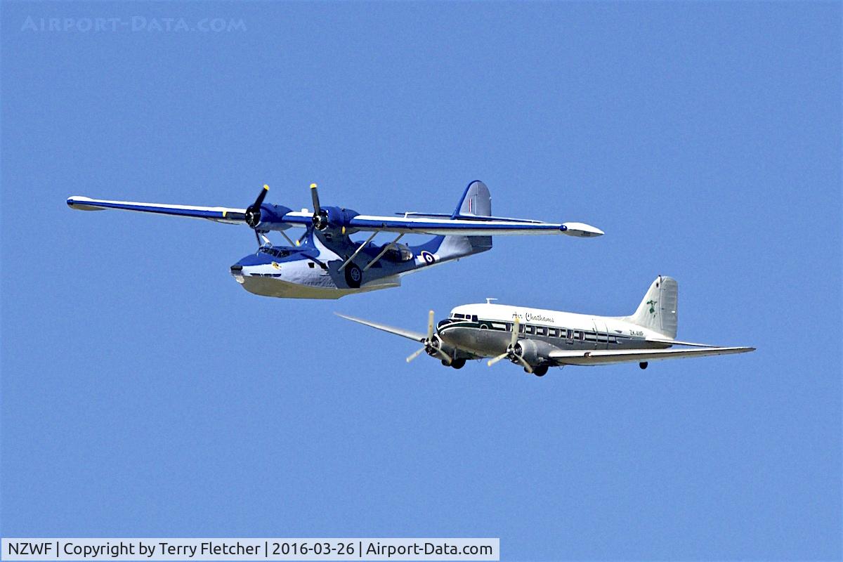 Wanaka Airport, Wanaka New Zealand (NZWF) - Recently restored Catalina and Air Chatham DC-3 formation flying At 2016 Warbirds Over Wanaka Airshow , Otago , New Zealand