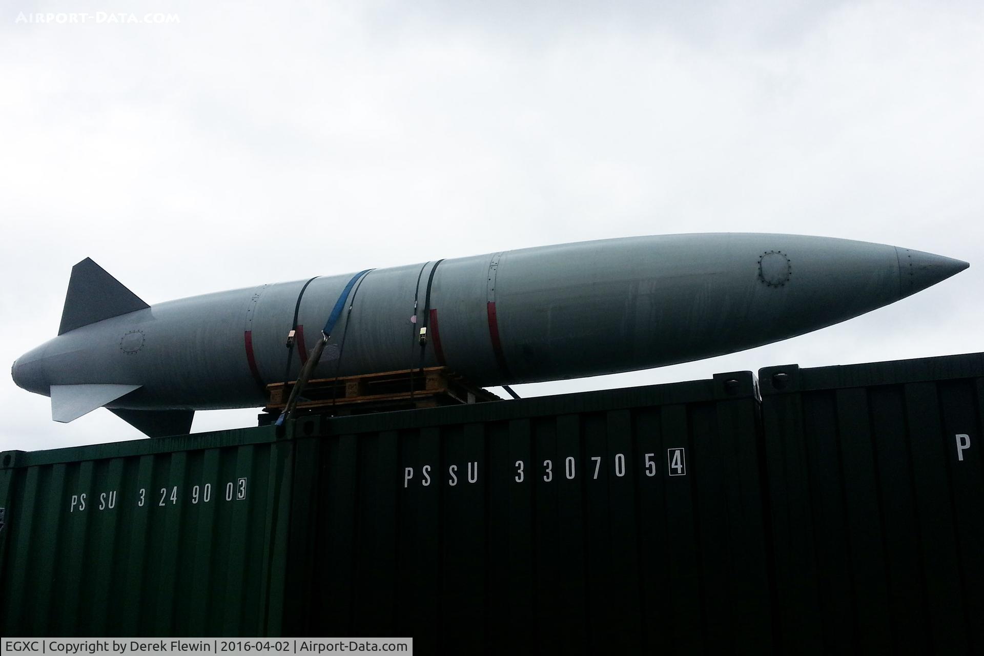 RAF Coningsby Airport, Coningsby, England United Kingdom (EGXC) - 2,250 litre (600 gallon) 'Hindenburger' drop tank, as used on the Tornado, seen in Carmarthenshire.