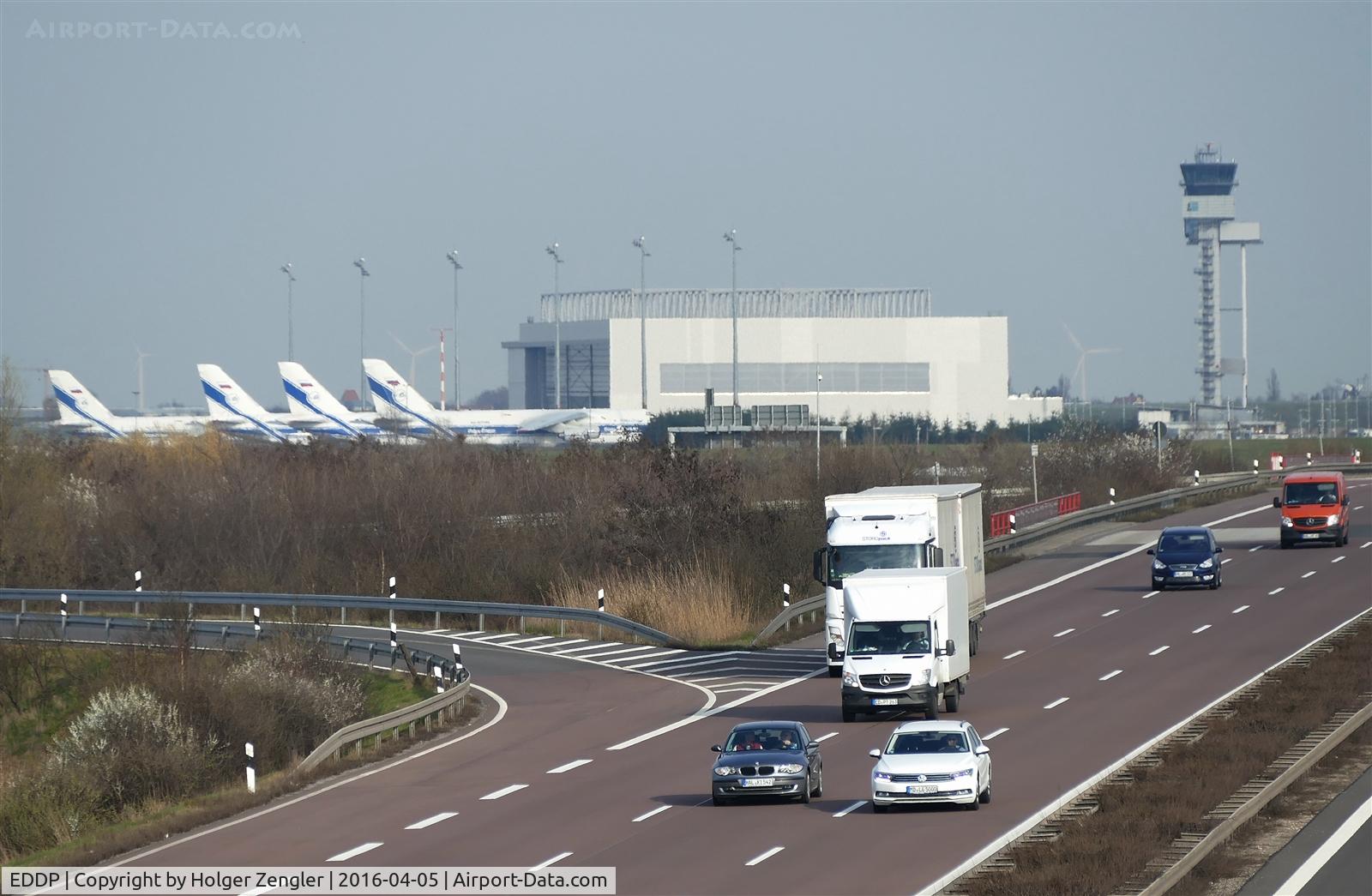 Leipzig/Halle Airport, Leipzig/Halle Germany (EDDP) - View over Autobahn A14 to apron 3 and maintanance hall of AN 124 (operated by Ruslan-Salis)...