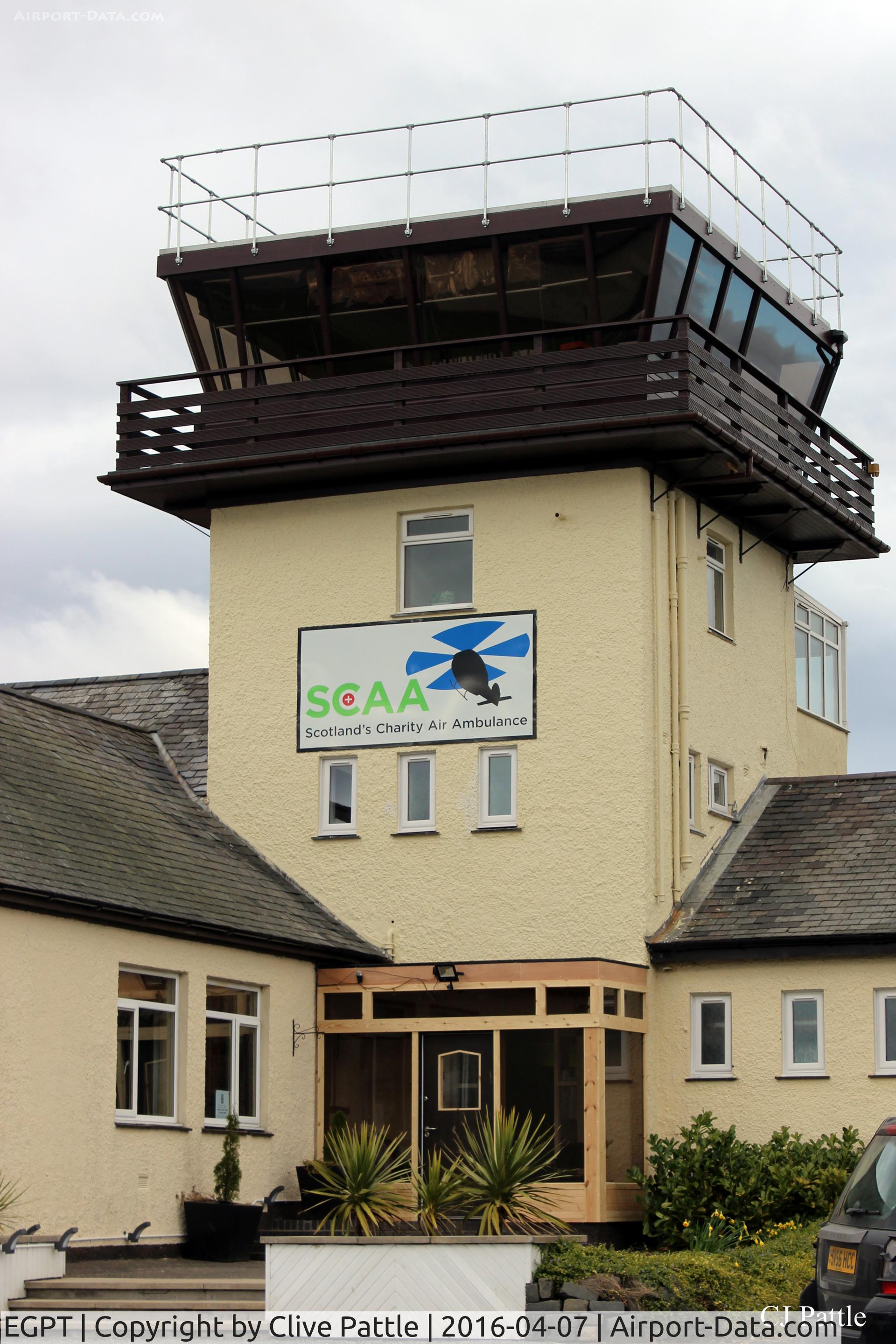Perth Airport (Scotland), Perth, Scotland United Kingdom (EGPT) - The tower at Perth EGPT also housing the HQ of the Scottish Air Ambulance