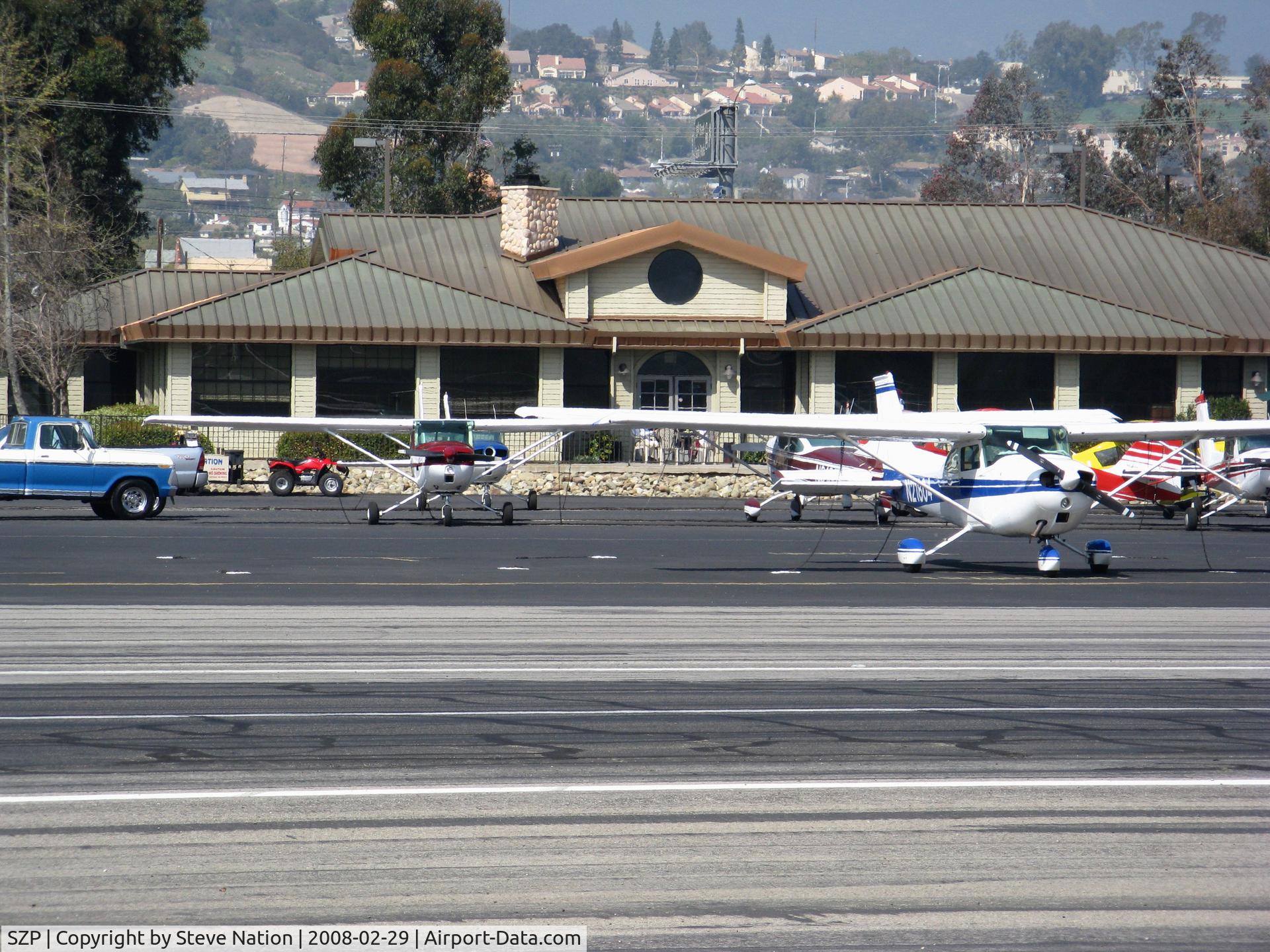 Santa Paula Airport (SZP) - Looking across runway toward general aviation building and ramp @ Santa Paula Airport, CA