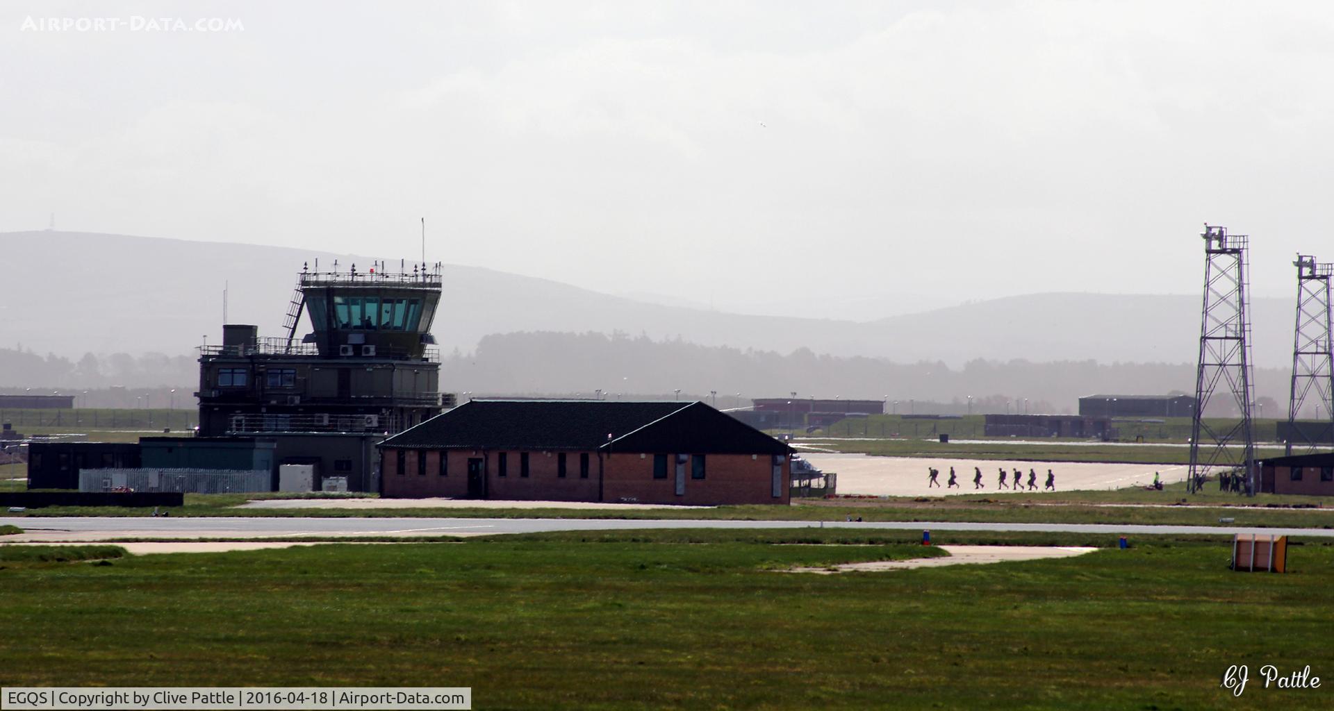 RAF Lossiemouth Airport, Lossiemouth, Scotland United Kingdom (EGQS) - Tower view at RAF Lossiemouth EGQS - during Exercise Joint Warrior 16-1 - a stick of troops can be seen heading towards a parked SH-60 (just) behind the building.