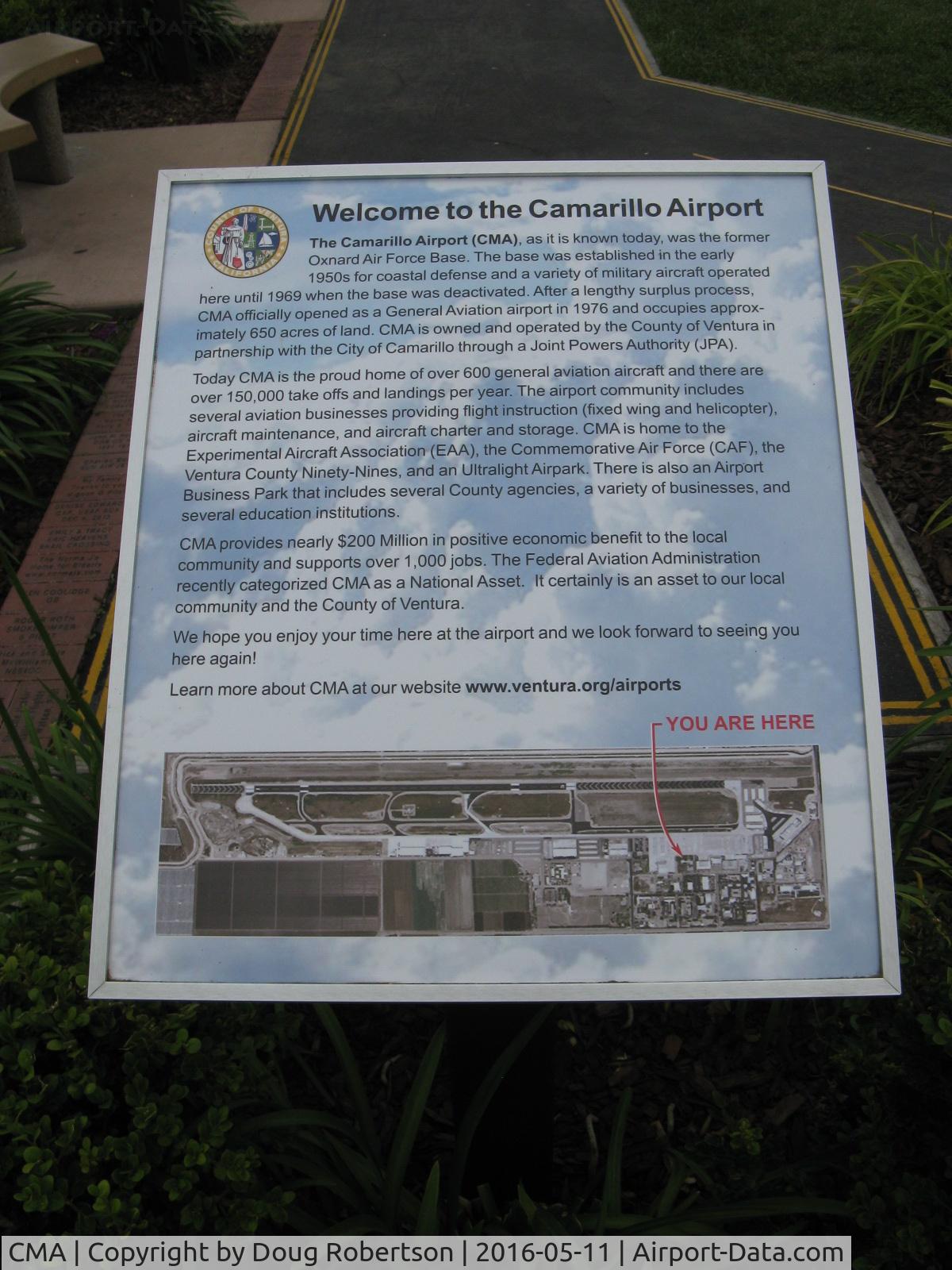 Camarillo Airport (CMA) - Welcome to KCMA Airport info at CMA Aircraft Public View Park-location-outside the Waypoint Cafe on airport