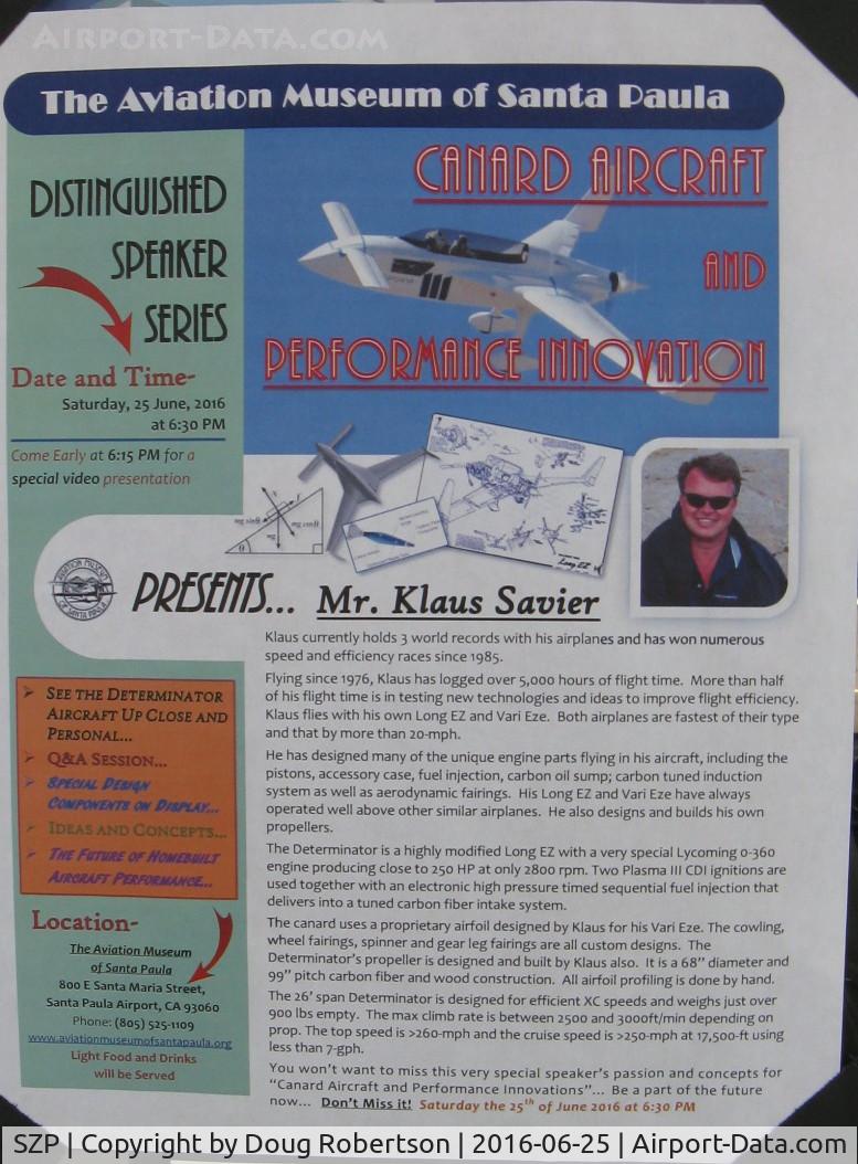 Santa Paula Airport (SZP) - This event is TONIGHT at the Aviation Museum of Santa Paula-my apologies for the late notice, only seen/read today. View Large.