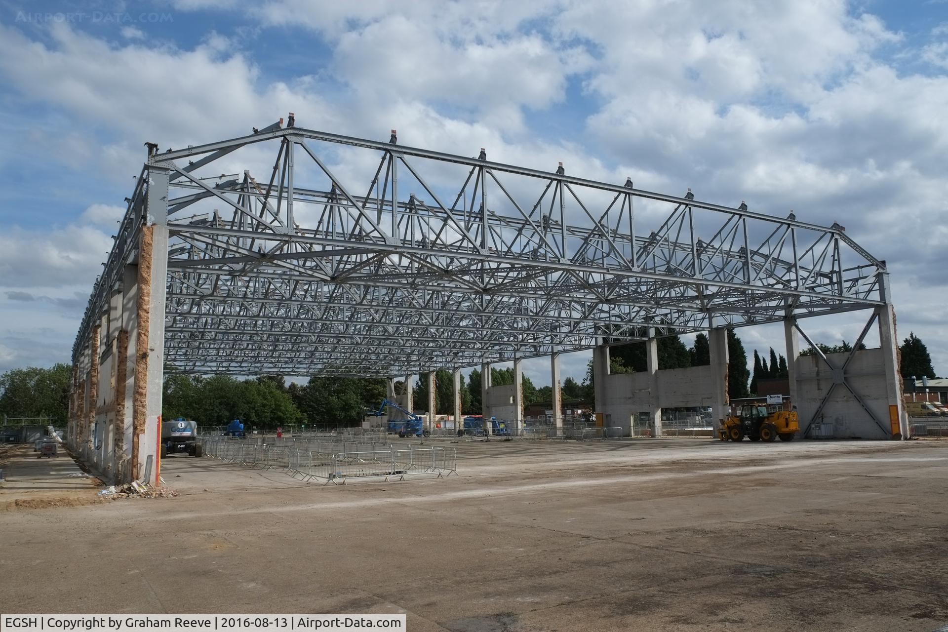 Norwich International Airport, Norwich, England United Kingdom (EGSH) - Hangar 5 under development at Norwich with the frame stripped back.