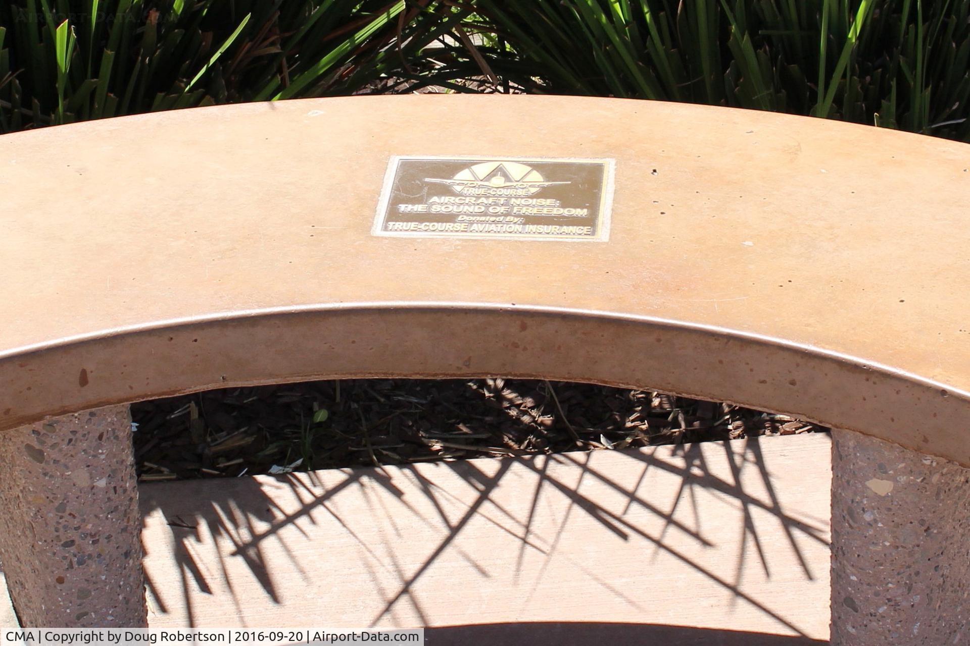 Camarillo Airport (CMA) - Tribute Bench at CMA's public Aircraft View Park outside the Waypoint Cafe in full sun