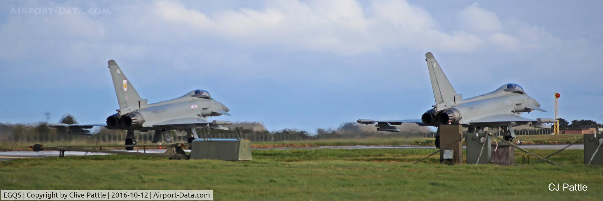 RAF Lossiemouth Airport, Lossiemouth, Scotland United Kingdom (EGQS) - Airfield action at RAF Lossiemouth EGQS during Exercise Joint Warrior 16-2. A pair of Typhoon GR4's behind the Runway Arrestor Gear