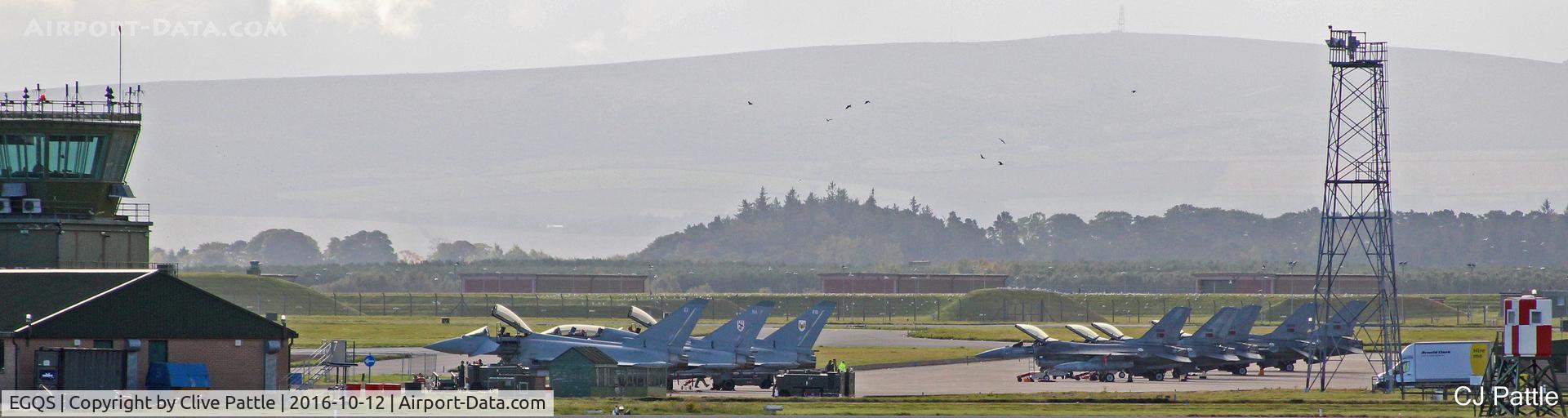 RAF Lossiemouth Airport, Lossiemouth, Scotland United Kingdom (EGQS) - Parked fighters at RAF Lossiemouth during Exercise Joint Warrior 16-2, includes RAF Typhoon GR4's and Portugese AF F-16's