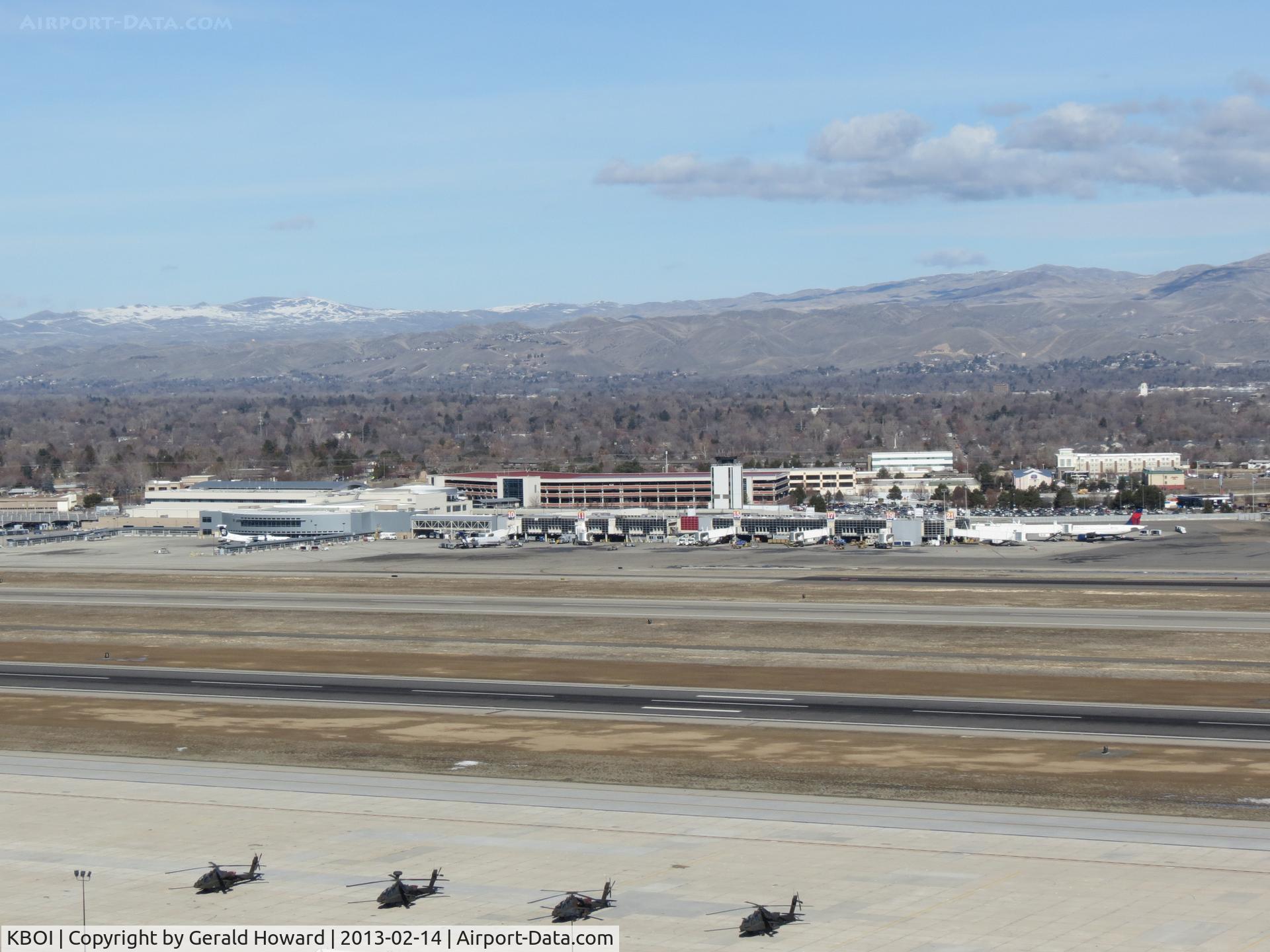 Boise Air Terminal/gowen Fld Airport (BOI) - The north side of the airport from the FAA tower. Airport terminal with parking garage  behind it.
