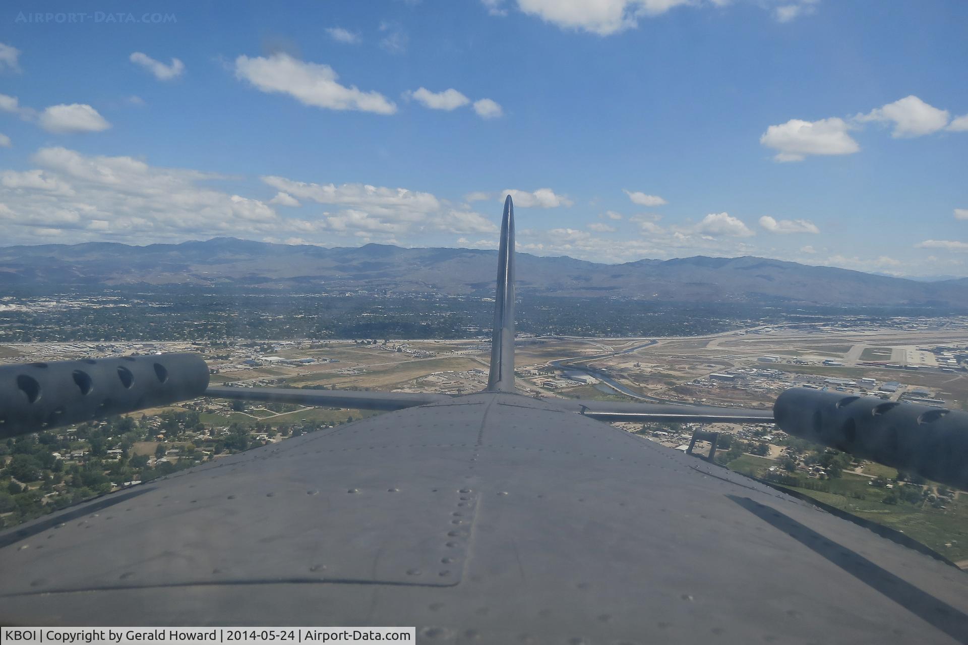 Boise Air Terminal/gowen Fld Airport (BOI) - Looking back at BOI after taking off from RWY 28L. Photo taken from top turret of a B-17G.