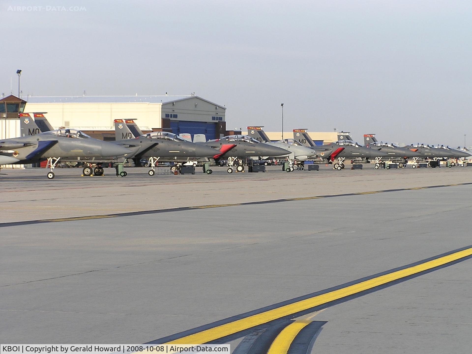 Boise Air Terminal/gowen Fld Airport (BOI) - F-15Es from the 366th Fighter Wing, Mountain Home AFB parked along the Idaho Air Guard ramp. Except for the lone A-10C nose sticking out.