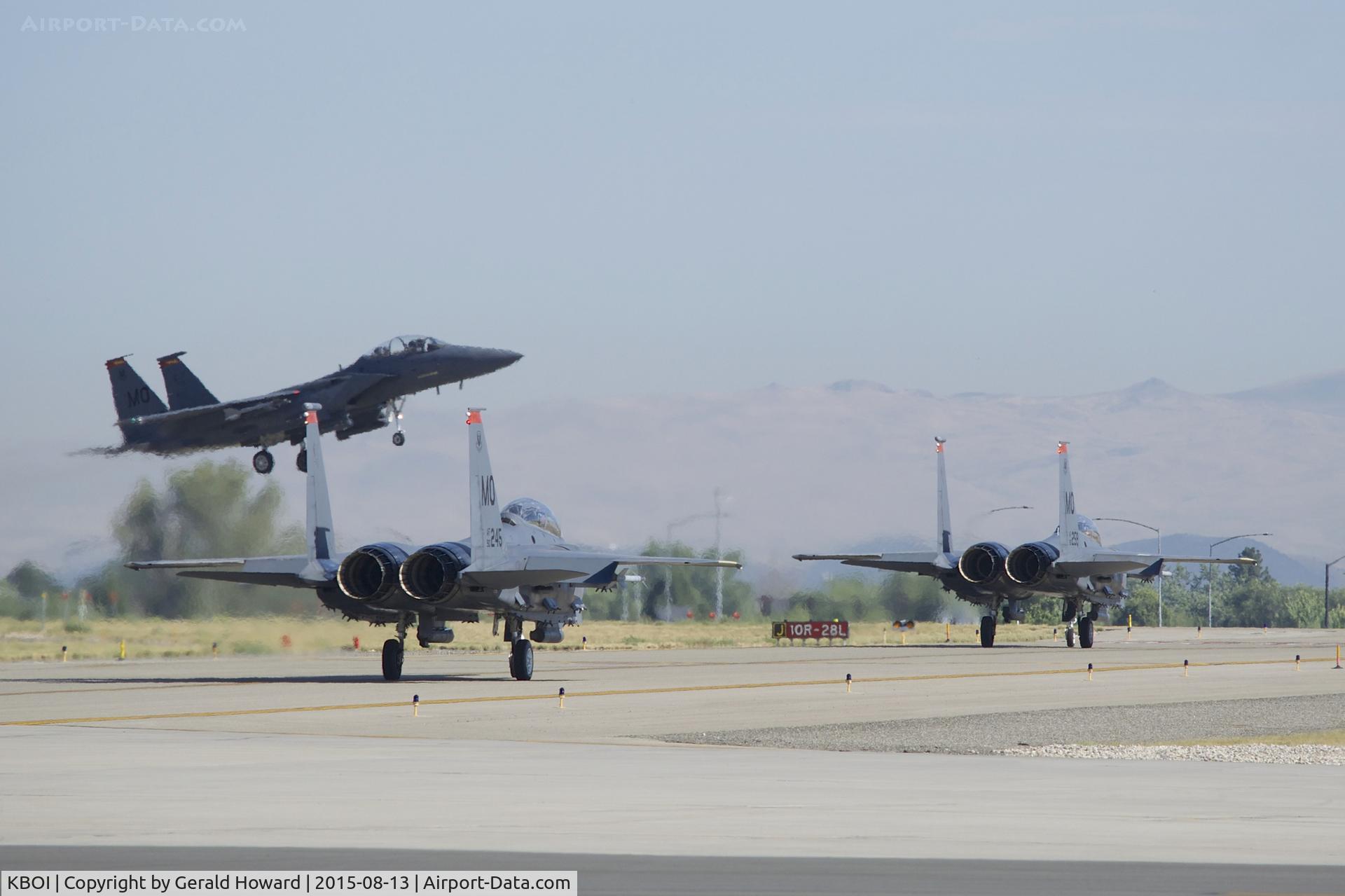 Boise Air Terminal/gowen Fld Airport (BOI) - F-15s from the 366th Fighter Wing, Mountain Home AFB, Idaho during their month long stay at KBOI. Landing and taking off on RWY 10R.