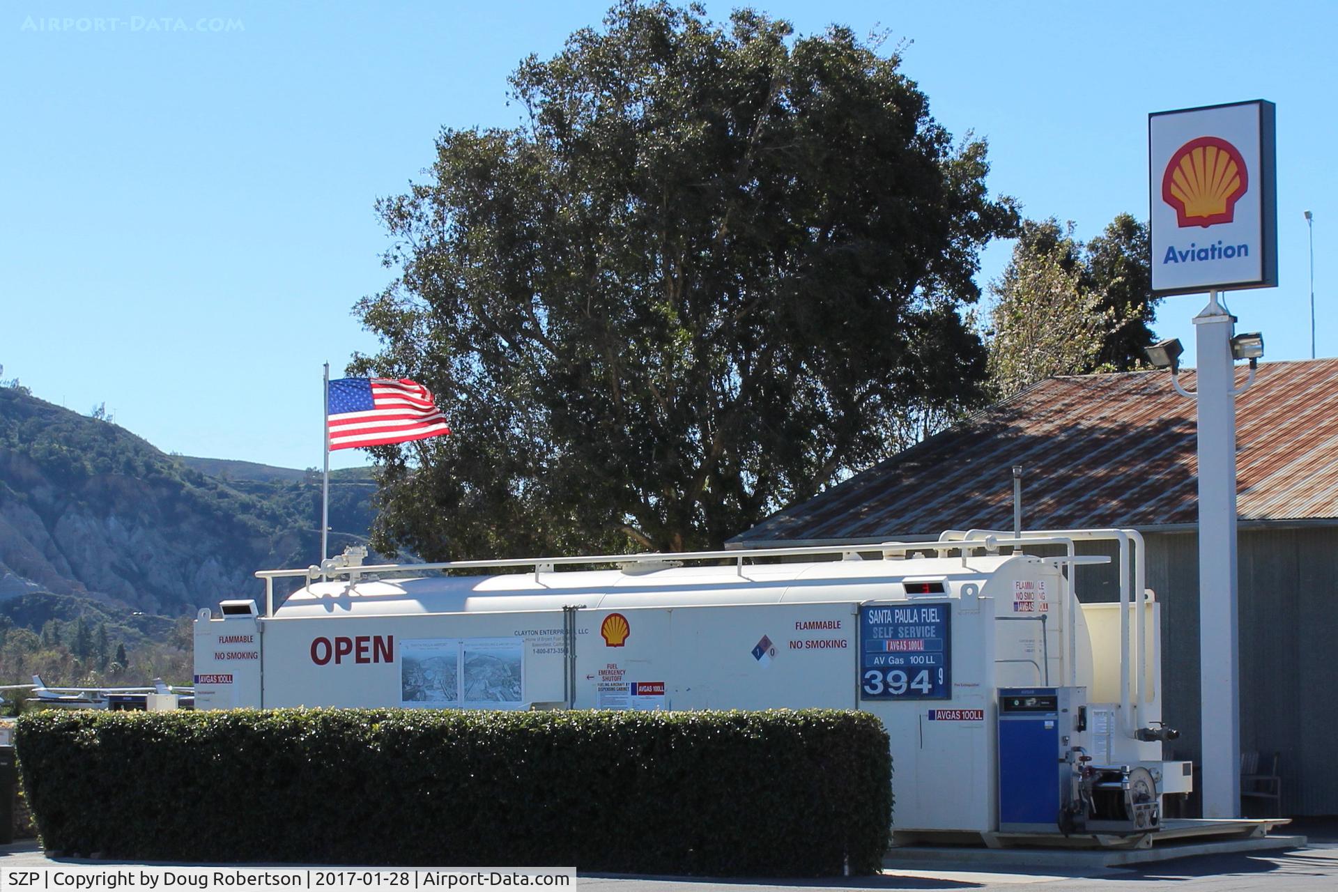 Santa Paula Airport (SZP) - Santa Paula Self-Serve SHELL Aviation 100LL fuel dock, location: midfield North. Note changed price.