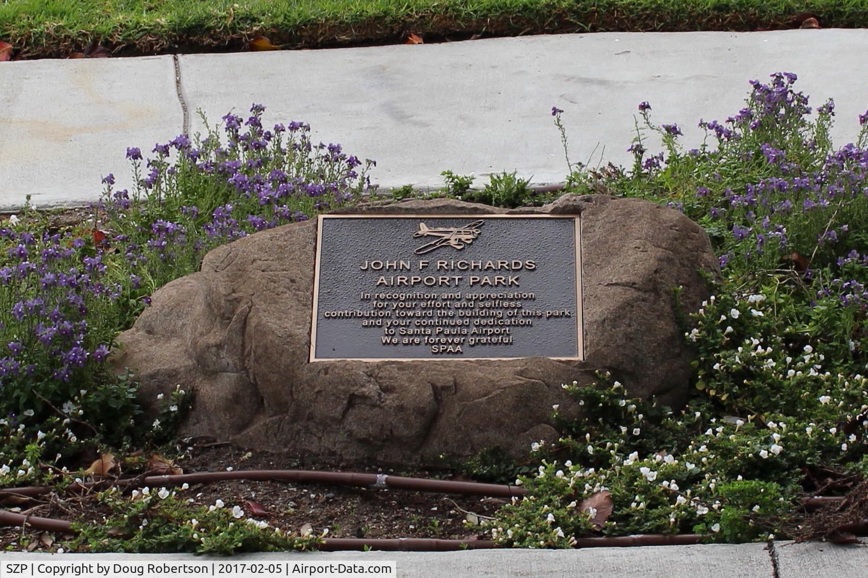 Santa Paula Airport (SZP) - A better lit photo of the John F. Richards Airport Park Tribute Plaque at the SZP Airpark-midfield adjacent airport office.