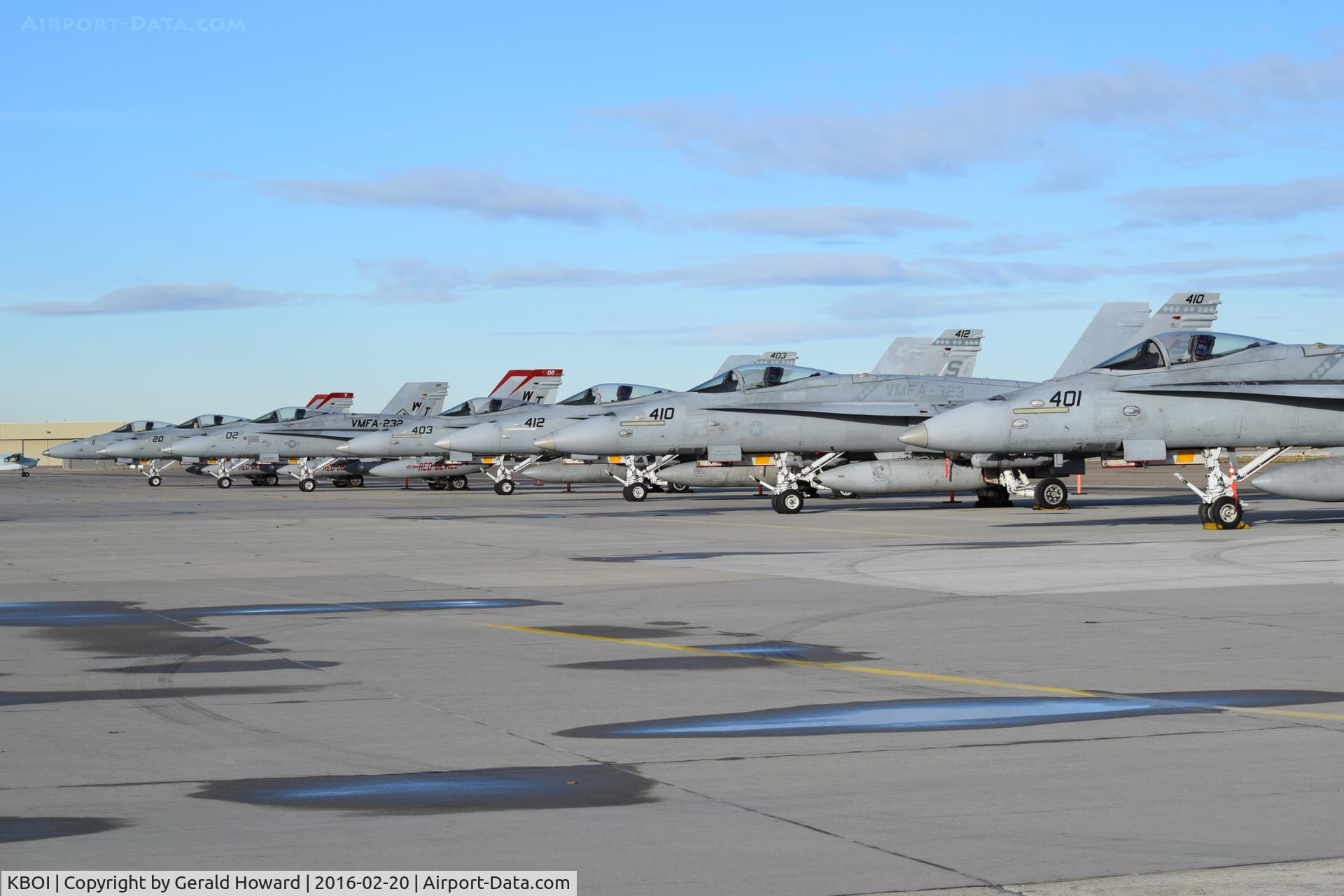 Boise Air Terminal/gowen Fld Airport (BOI) - F/A-18s from VMFA-232  “Red Devils”, and VMFA-323 “Death Rattlers”, NAS Miramar, CA parked on the south GA ramp.