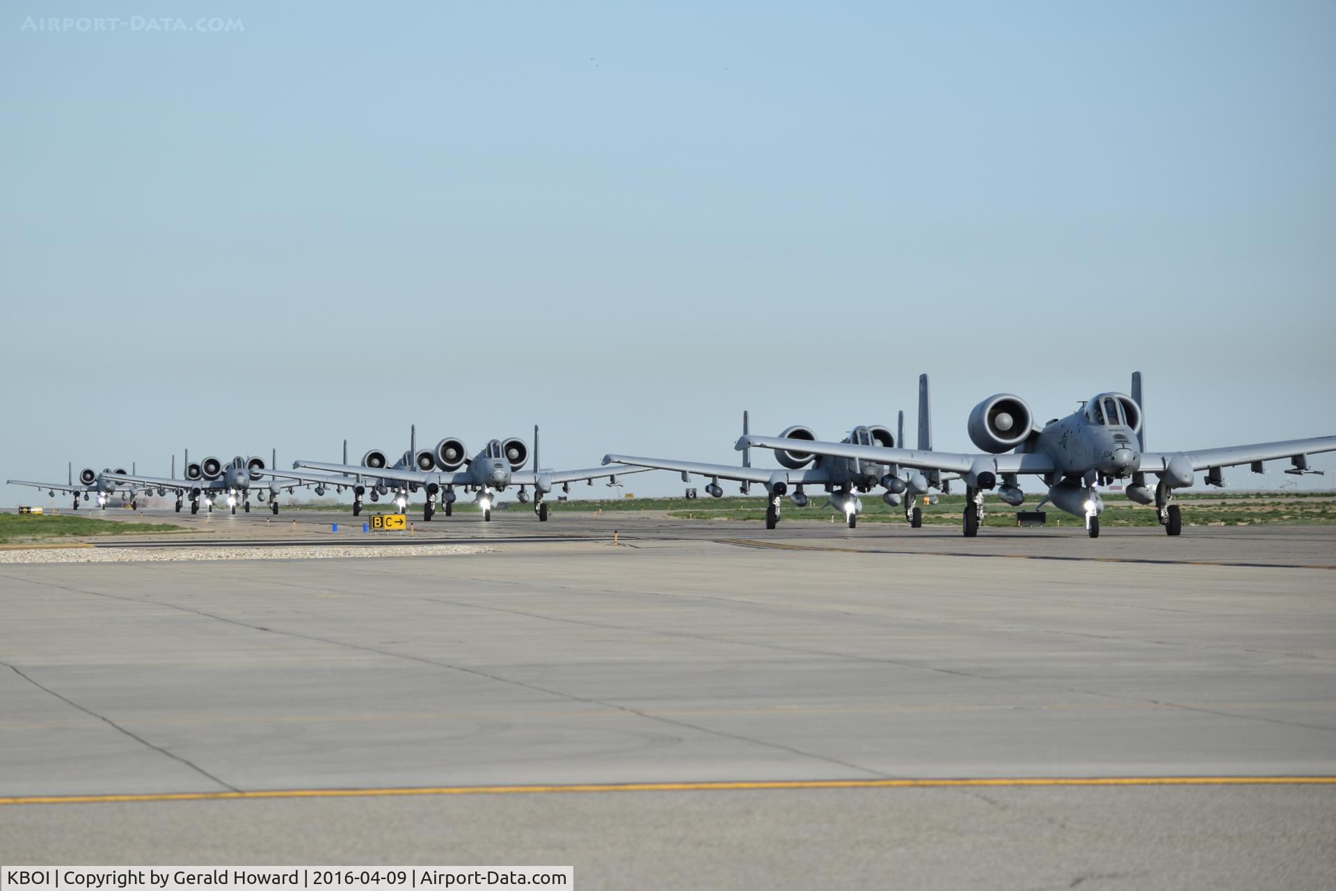 Boise Air Terminal/gowen Fld Airport (BOI) - First wave of A-10Cs from the 190th Fighter Sq., 124th Fighter Wing, Idaho ANG taxi down Bravo to RWY 28L for their departure to the Middle East for 6 months.