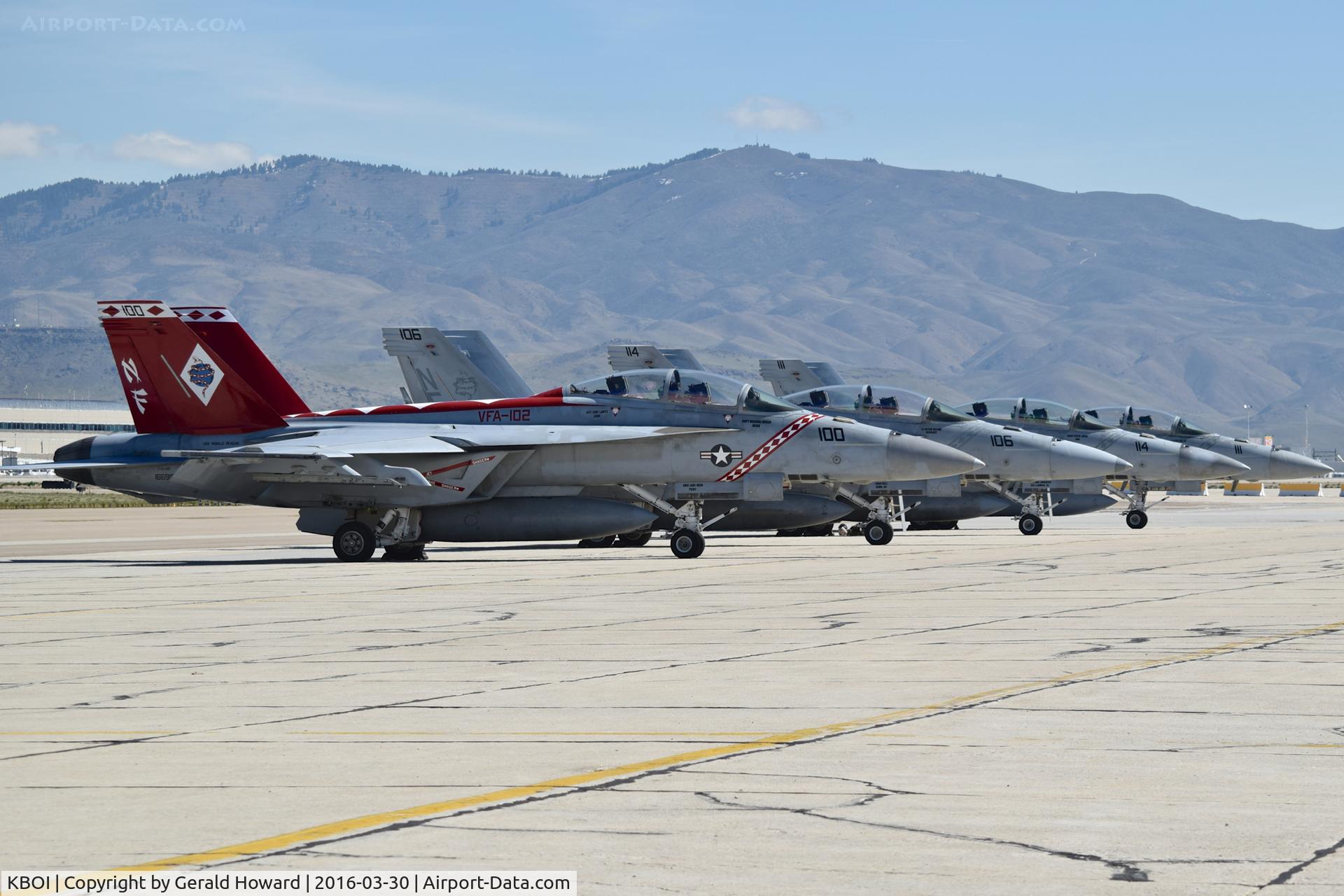 Boise Air Terminal/gowen Fld Airport (BOI) - F/A-18Fs from VAF-102 “Diamondbacks”, NAF Atsugi, Japan (CVW-5  USS Ronald Reagan) parked on the south GA ramp.
