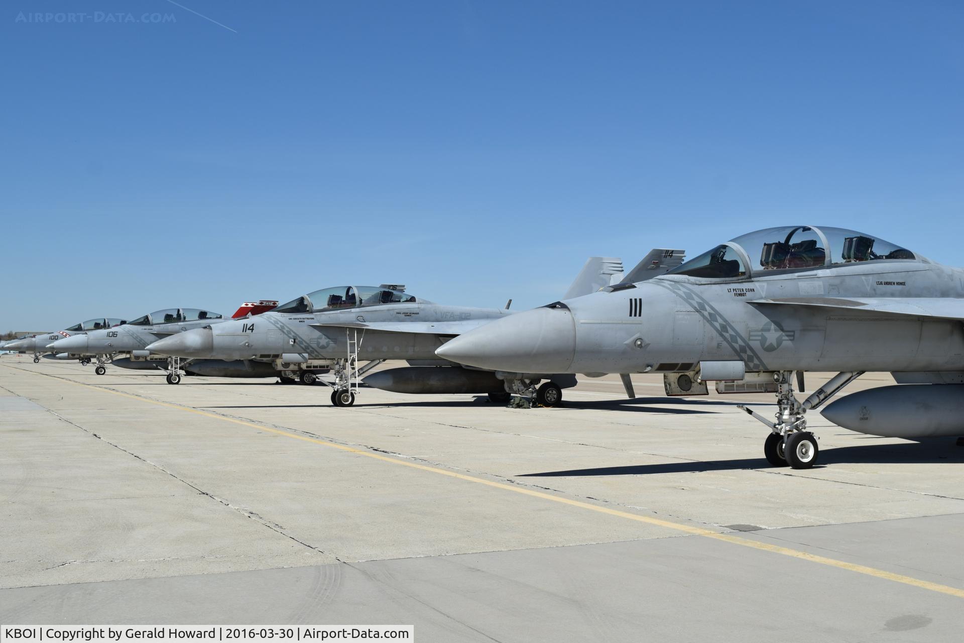 Boise Air Terminal/gowen Fld Airport (BOI) - VAF-102 “Diamondbacks”, NAF Atsugi, Japan
(CVW-5  USS Ronald Reagan) parked on south GA ramp.
