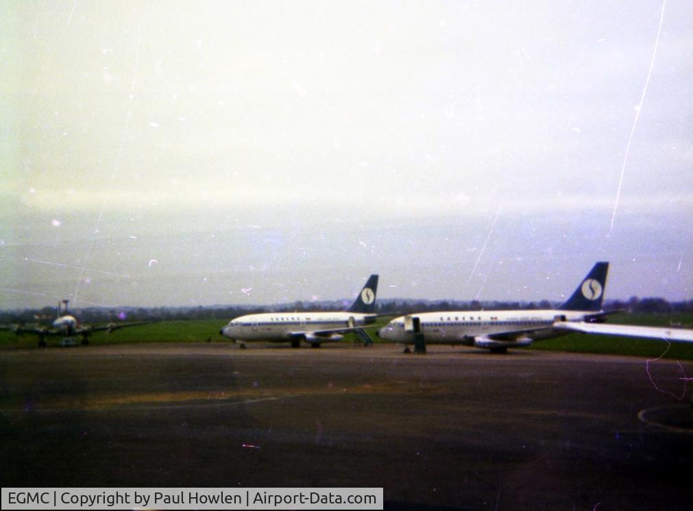 London Southend Airport, Southend-on-Sea, England United Kingdom (EGMC) - Sabena Boeing 737's parked on the North Apron, winter 1976, carrying continental shoppers on day trips. 