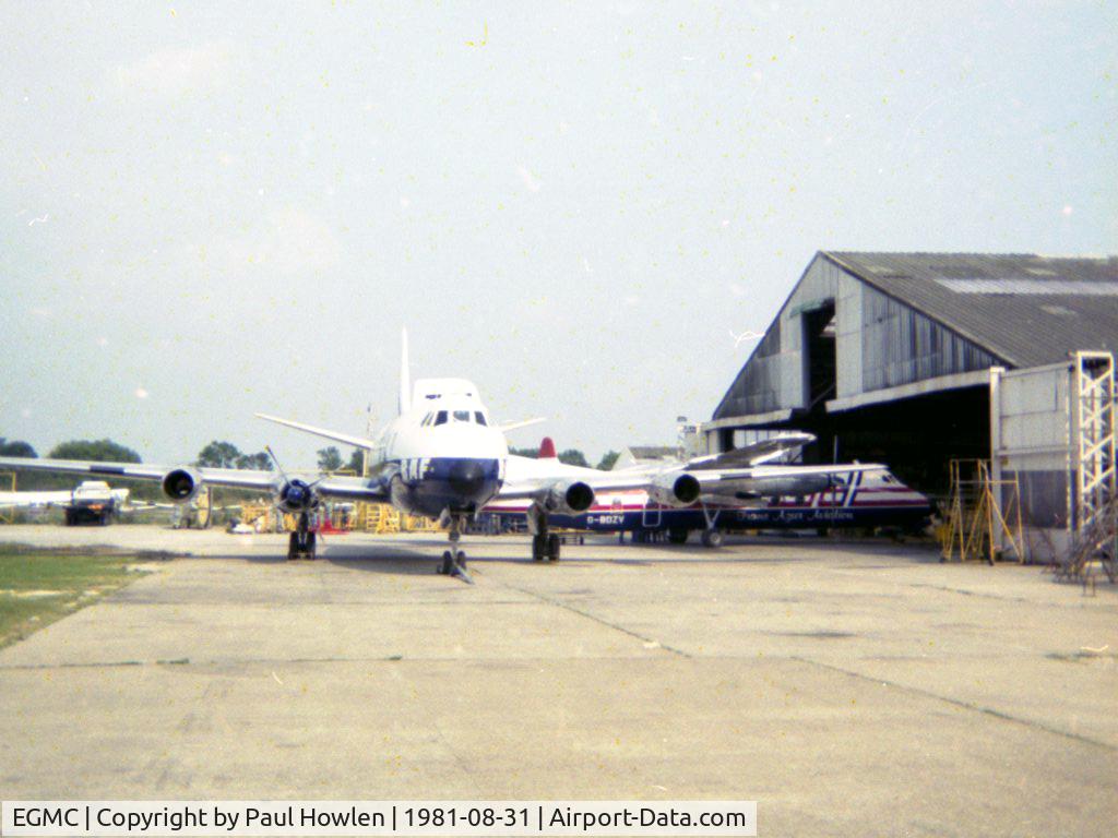 London Southend Airport, Southend-on-Sea, England United Kingdom (EGMC) - North Maintenance hangers, August 1981, with Vickers Viscount and Handley Page Herald G-BDZV